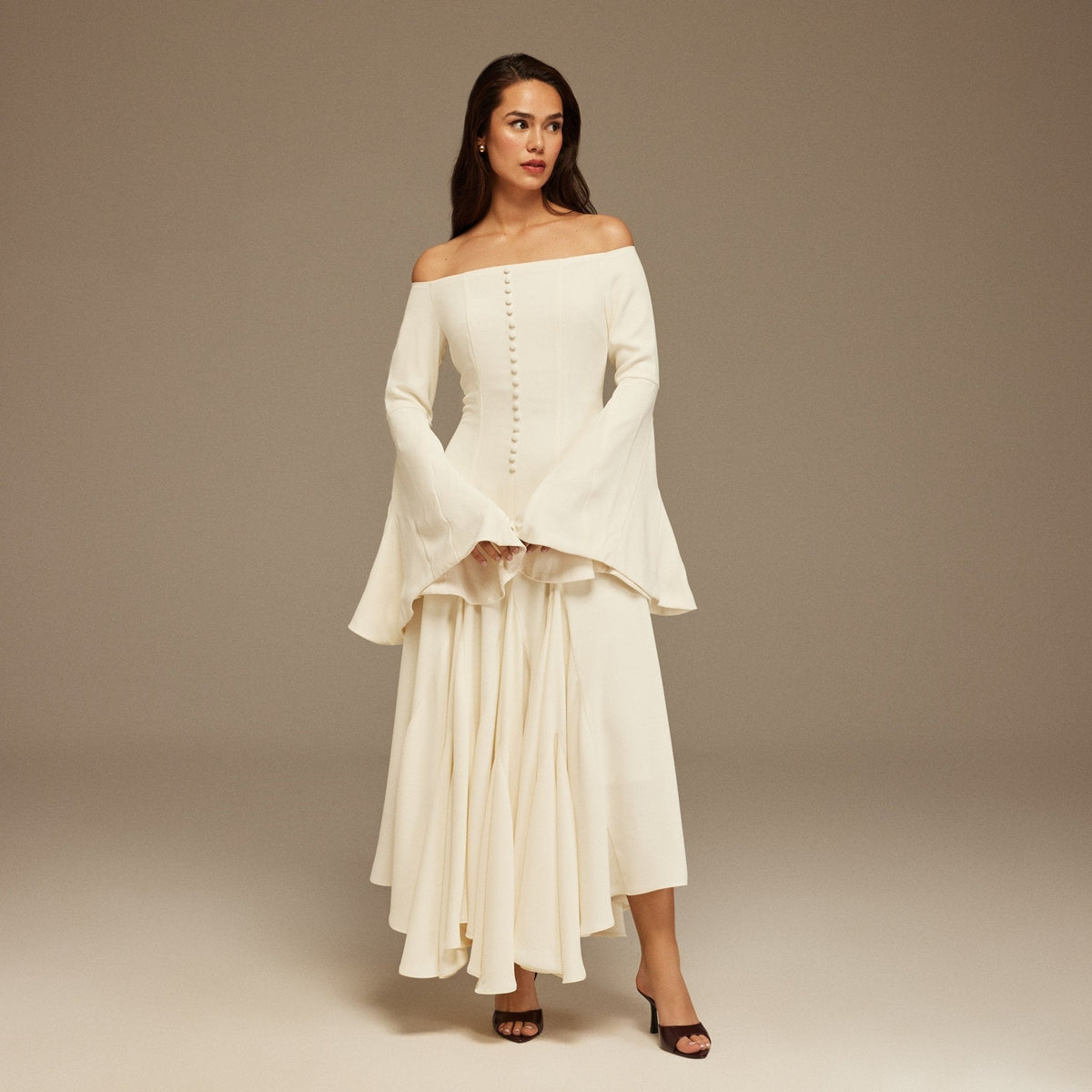 Off-Shoulder Aline Midi Crepe Dress - shopaleena