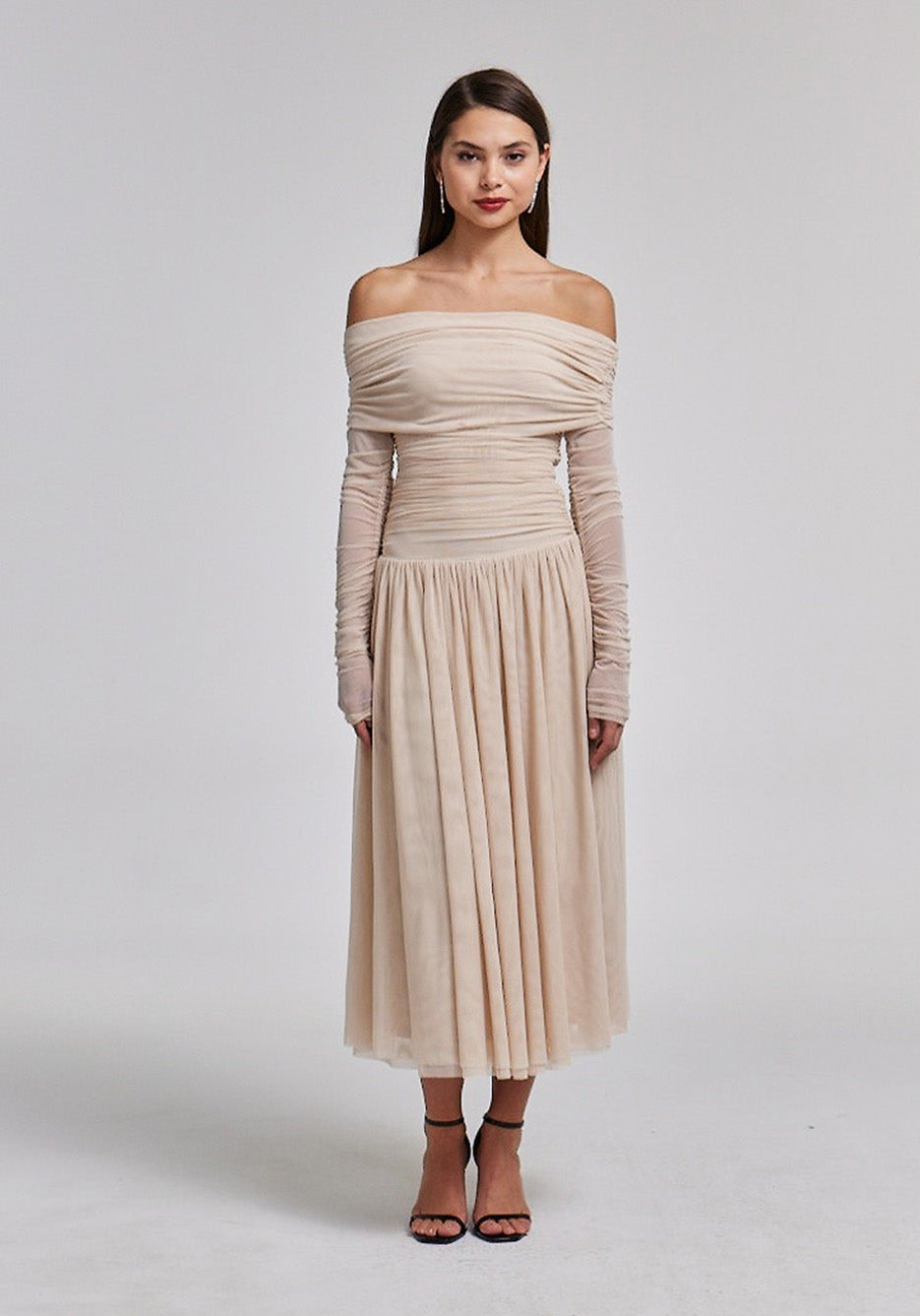 Off Shoulder Gathered Waist Midi Dress - shopaleena