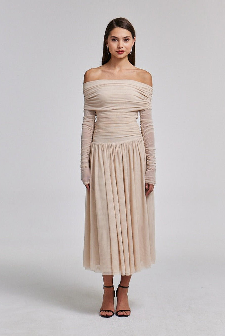 Off Shoulder Gathered Waist Midi Dress - shopaleena