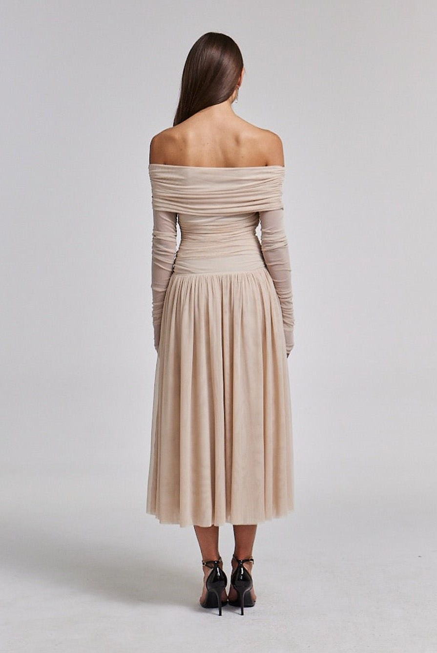 Off Shoulder Gathered Waist Midi Dress - shopaleena