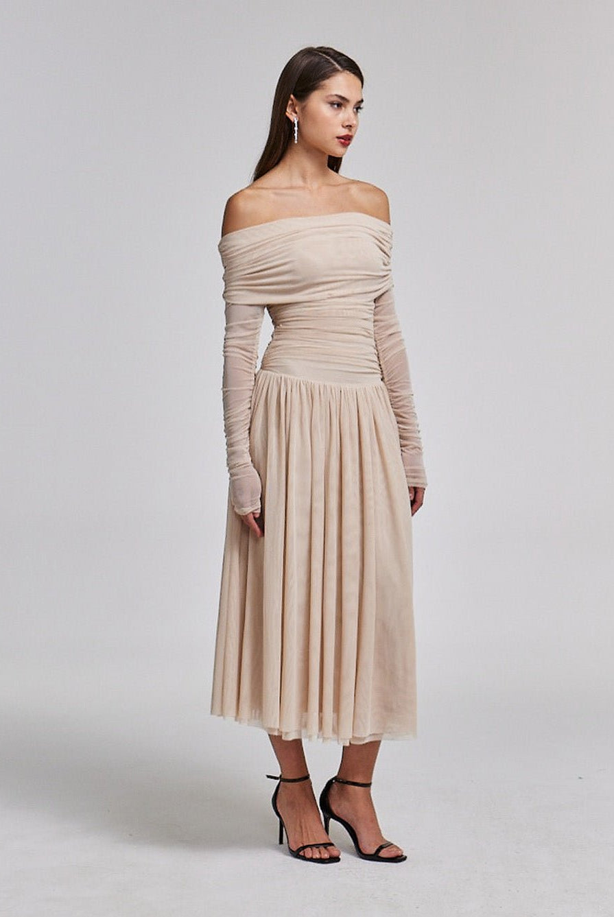 Off Shoulder Gathered Waist Midi Dress - shopaleena