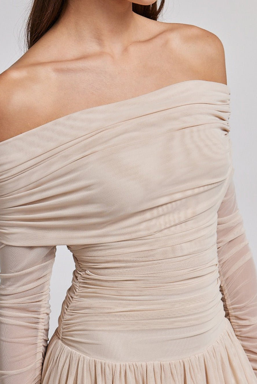 Off Shoulder Gathered Waist Midi Dress - shopaleena