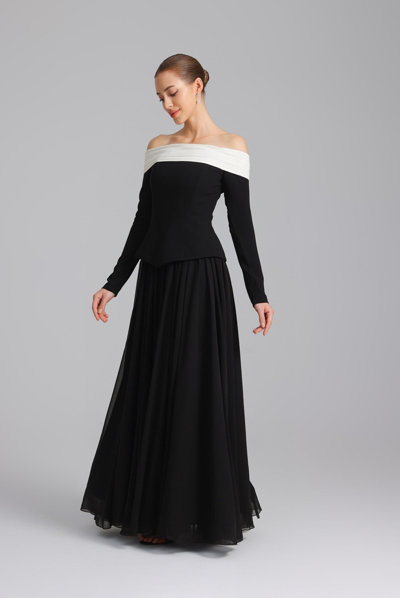 Off - Shoulder Long - Sleeve Evening Gown - shopaleena