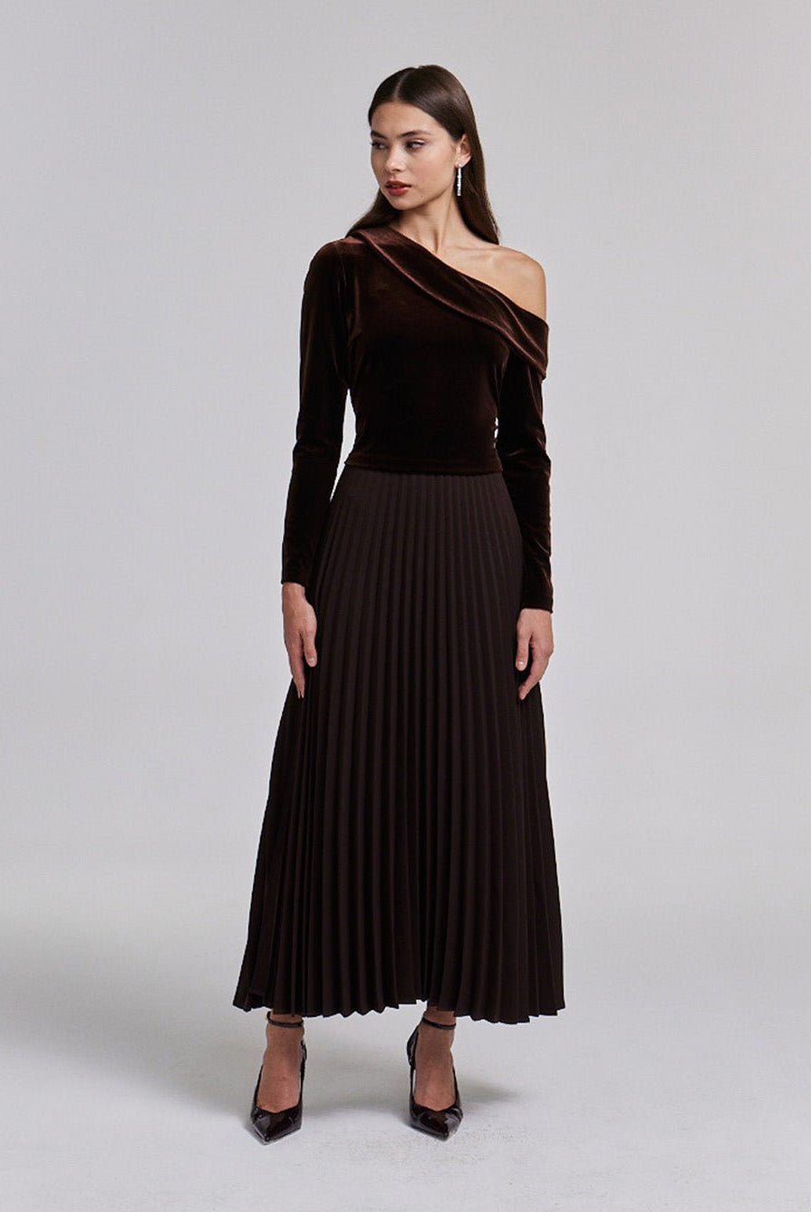 Off Shoulder Long Sleeve Velvet Maxi Dress - shopaleena