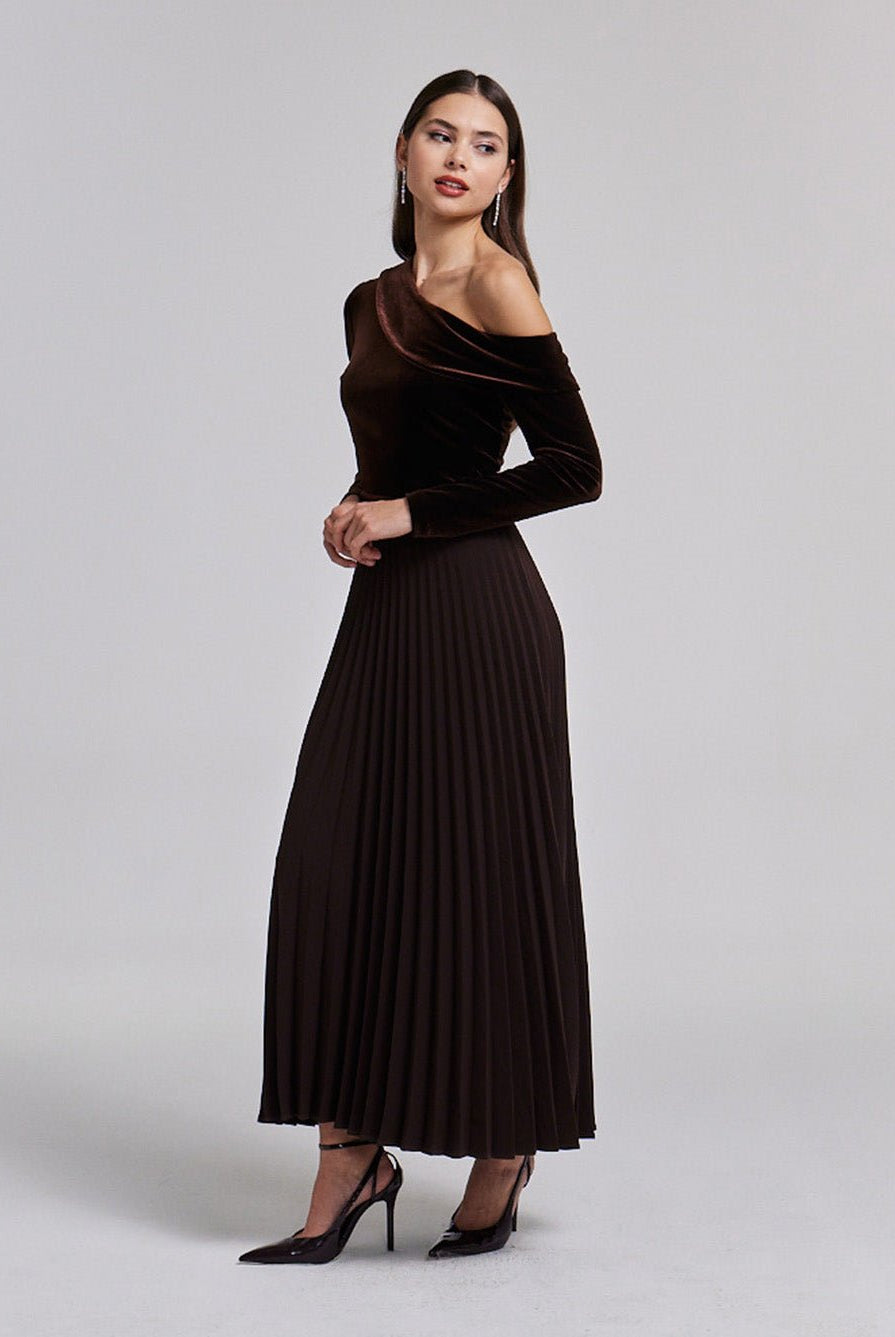 Off Shoulder Long Sleeve Velvet Maxi Dress - shopaleena