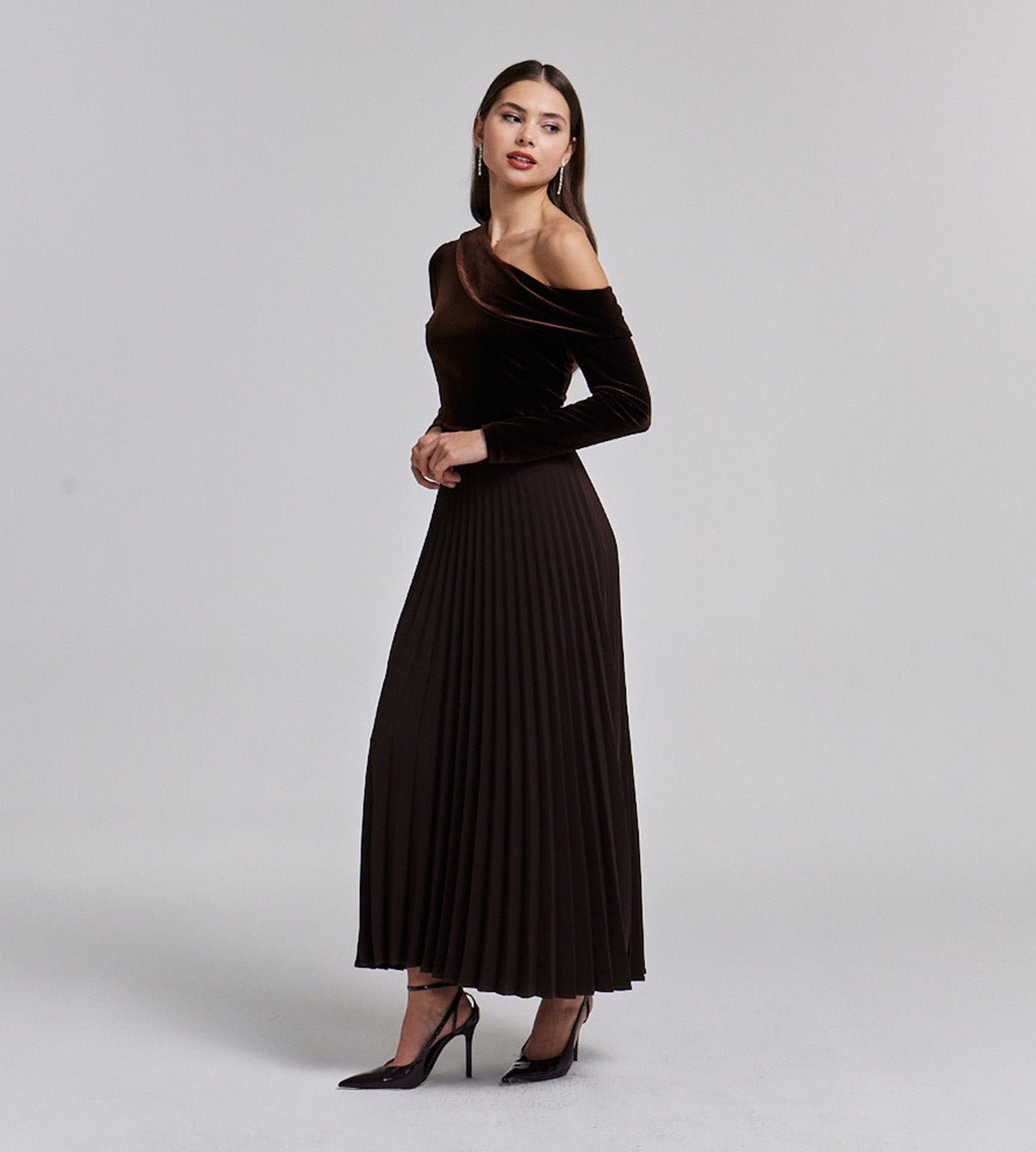 Off Shoulder Long Sleeve Velvet Maxi Dress - shopaleena