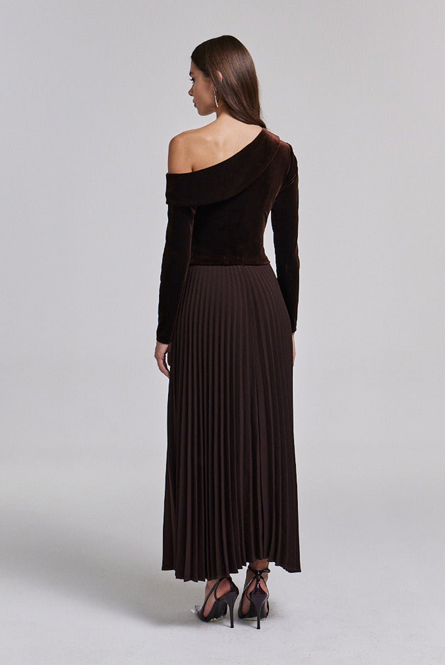 Off Shoulder Long Sleeve Velvet Maxi Dress - shopaleena