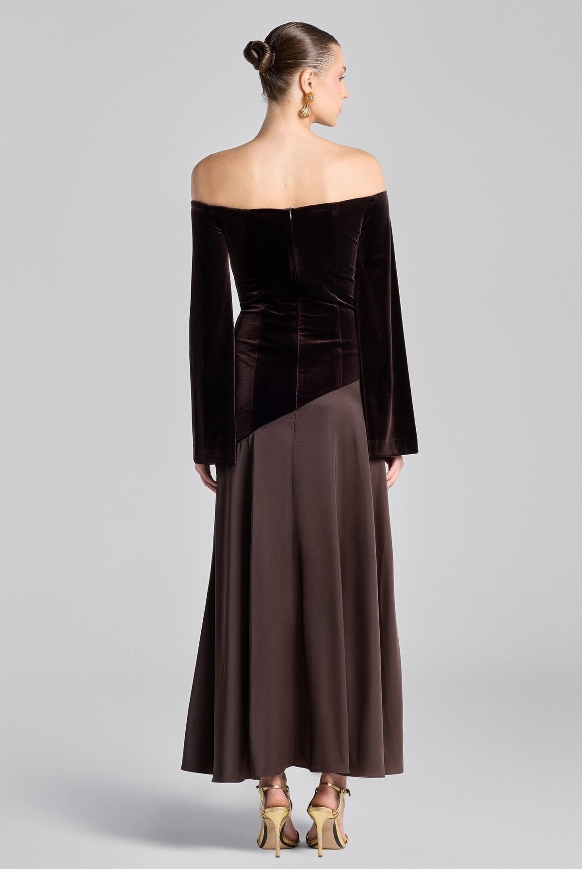 Off-Shoulder Velvet & Satin Balloon Sleeve Dress - shopaleena