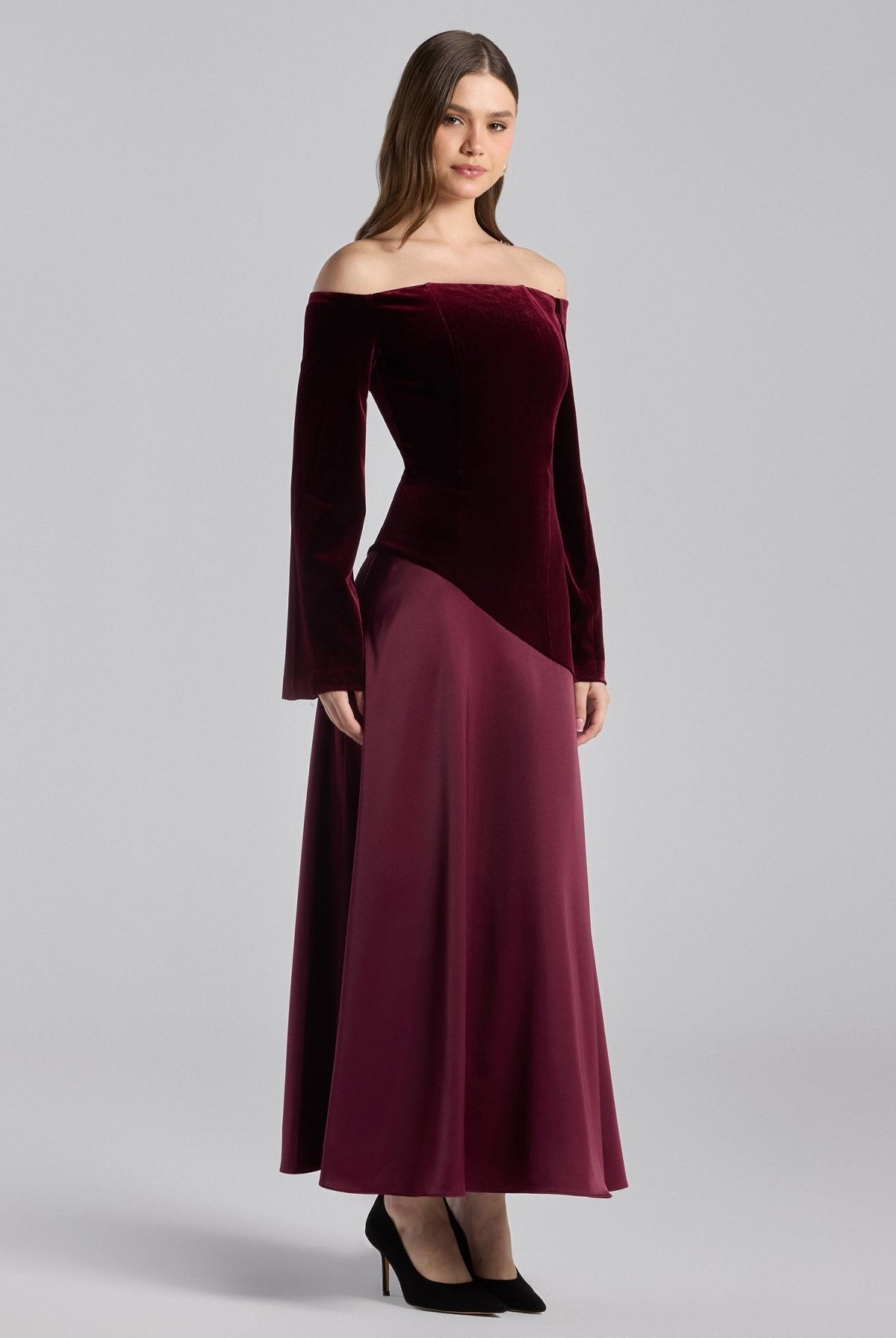 Off-Shoulder Velvet & Satin Balloon Sleeve Dress - shopaleena