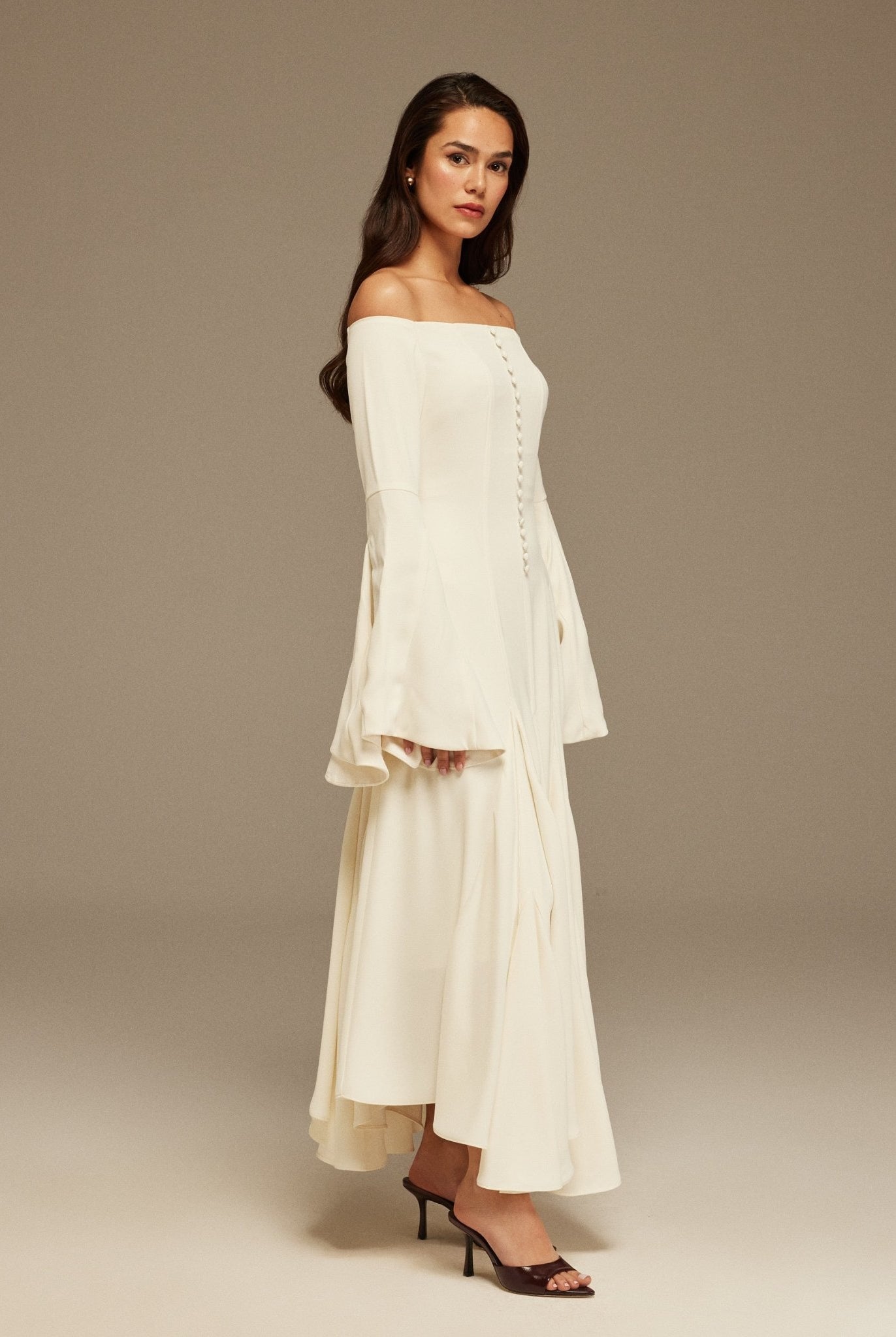 Off White Off - Shoulder Aline Midi Crepe Dress - shopaleena