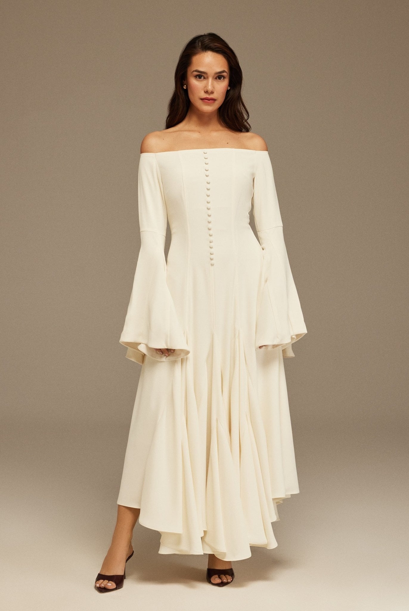 Off White Off - Shoulder Aline Midi Crepe Dress - shopaleena