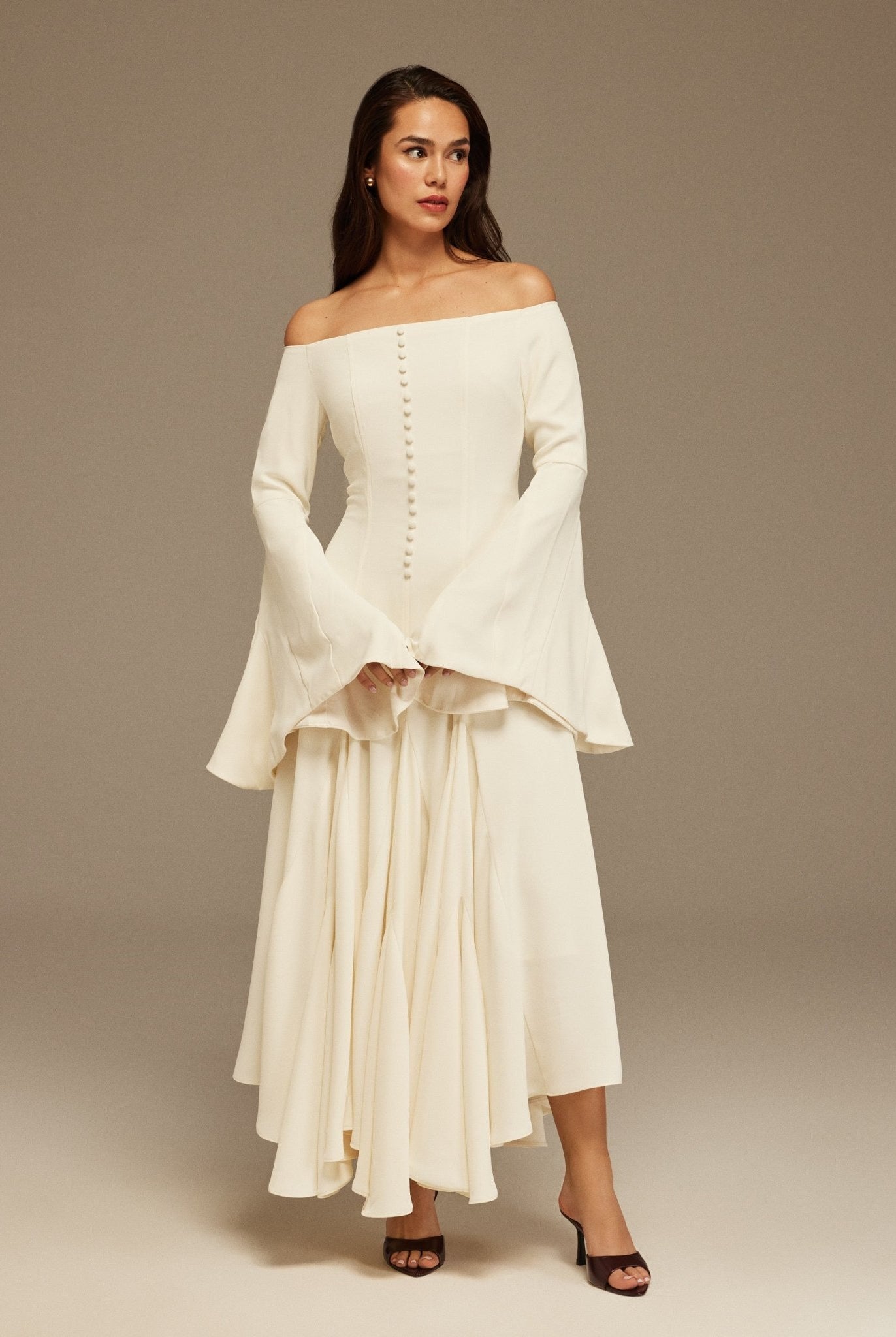 Off White Off - Shoulder Aline Midi Crepe Dress - shopaleena