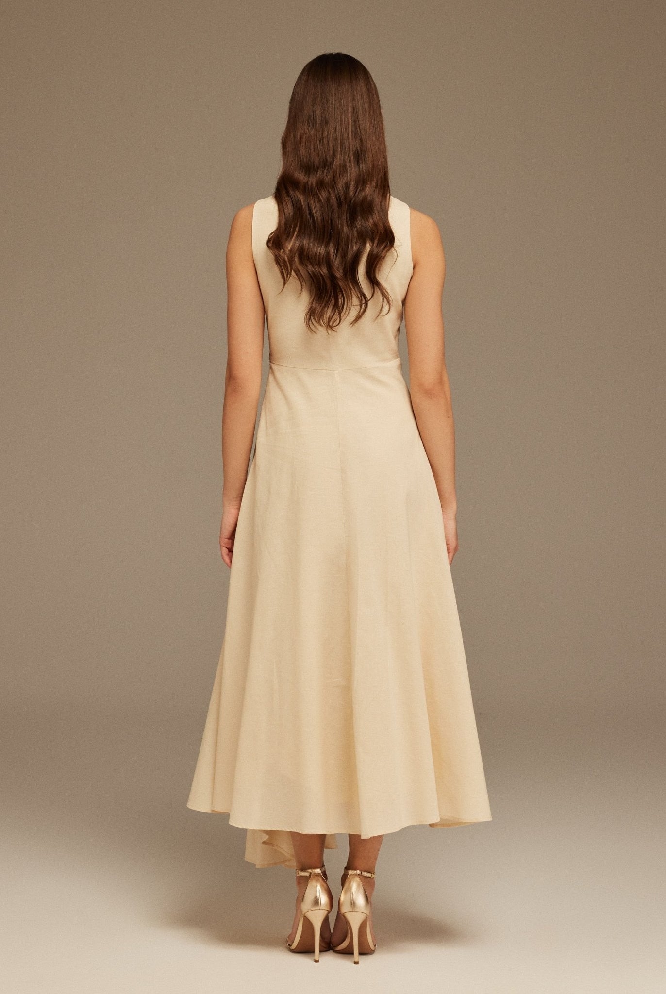 Off White Sleeveless Midi Dress With Decorative Bows - shopaleena