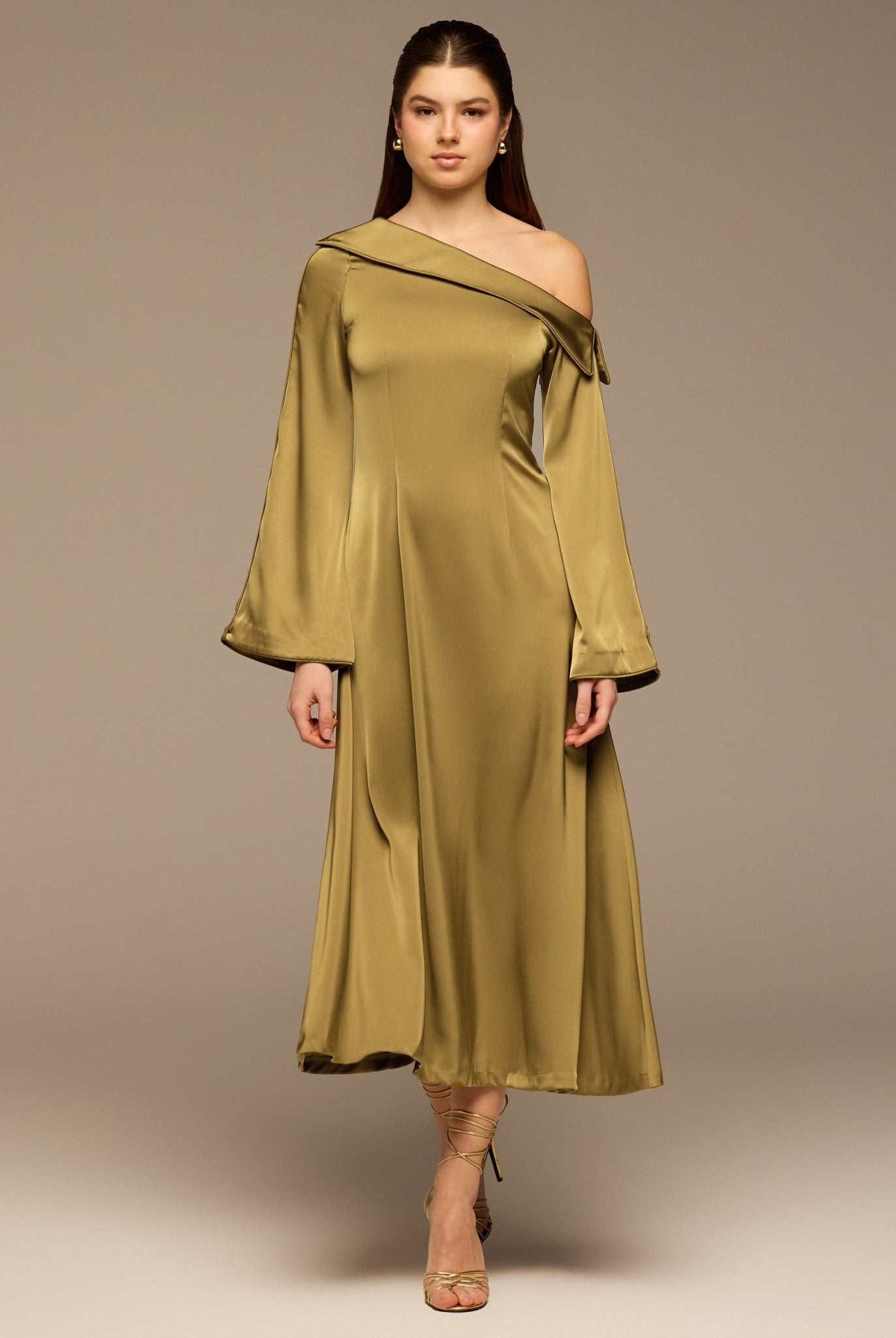 Olive Fold Neck Satin Dress - shopaleena