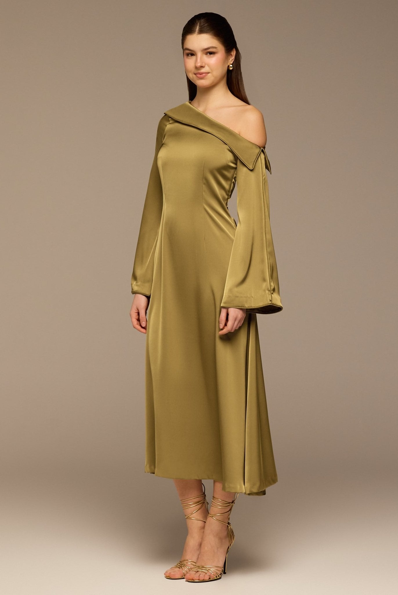 Olive Fold Neck Satin Dress - shopaleena