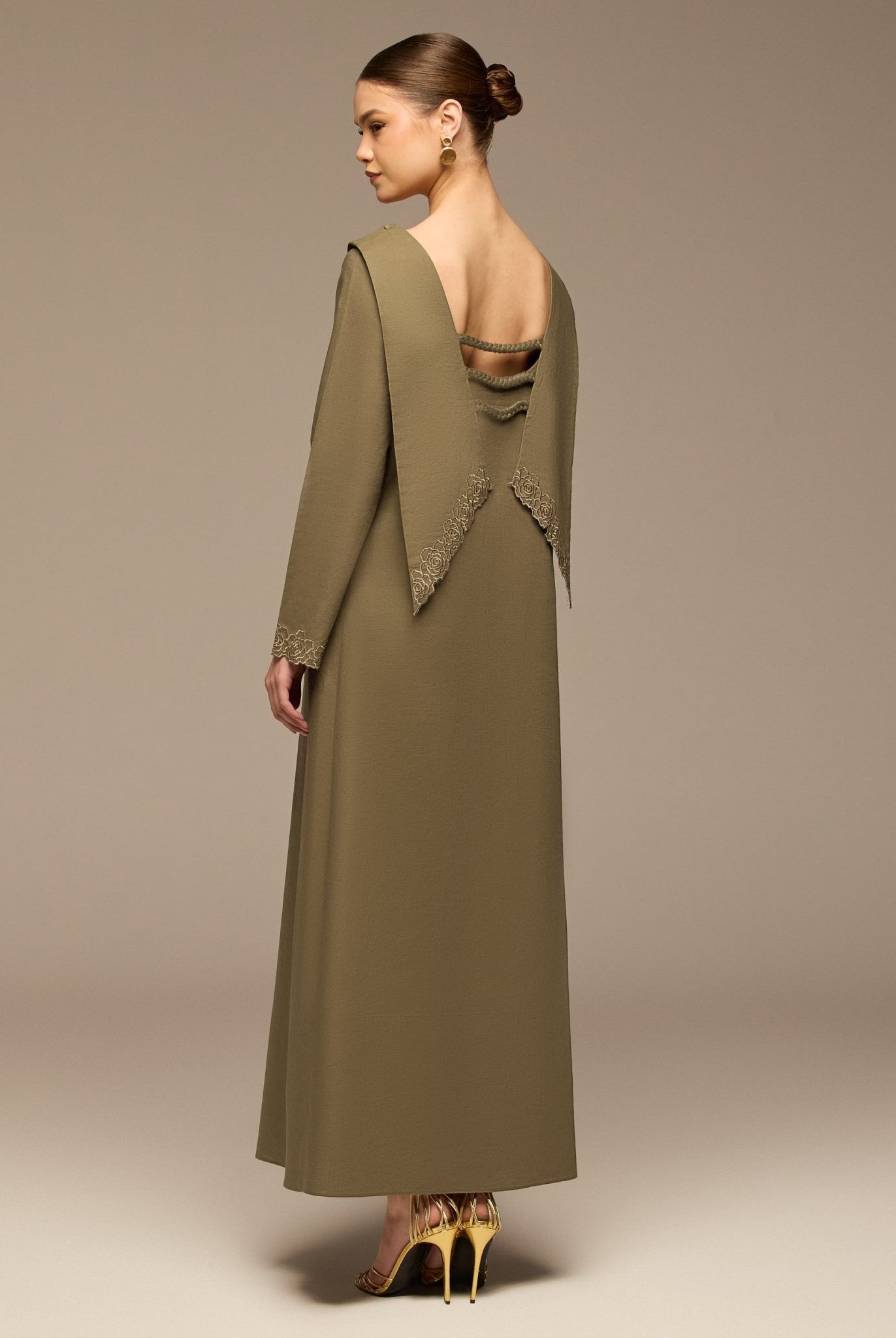 Olive Folded - Neck Linen Maxi Dress - shopaleena