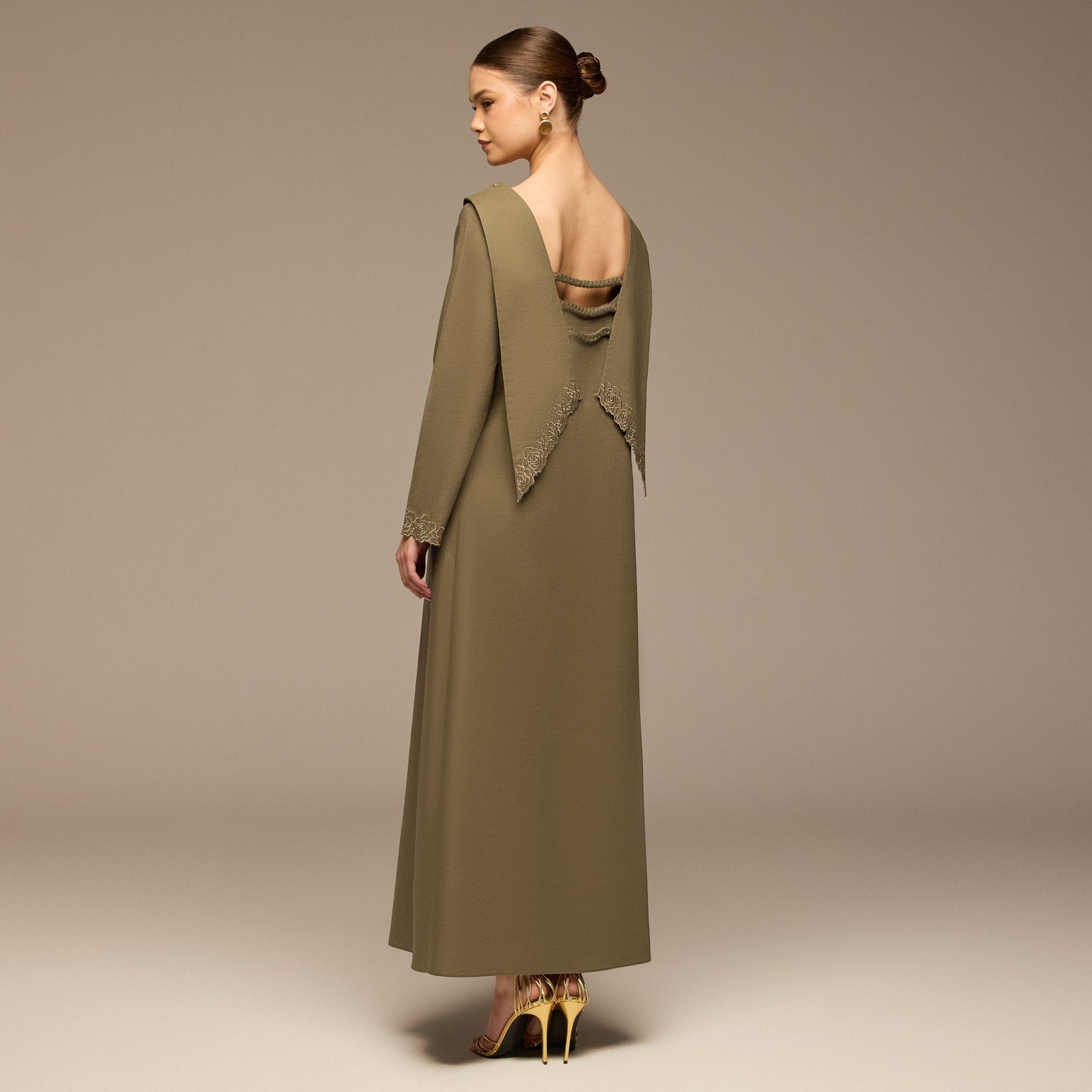 Olive Folded - Neck Linen Maxi Dress - shopaleena