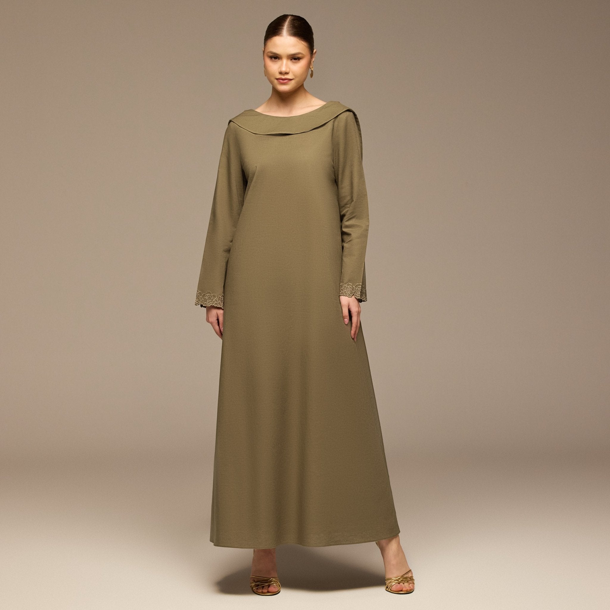 Olive Folded - Neck Linen Maxi Dress - shopaleena
