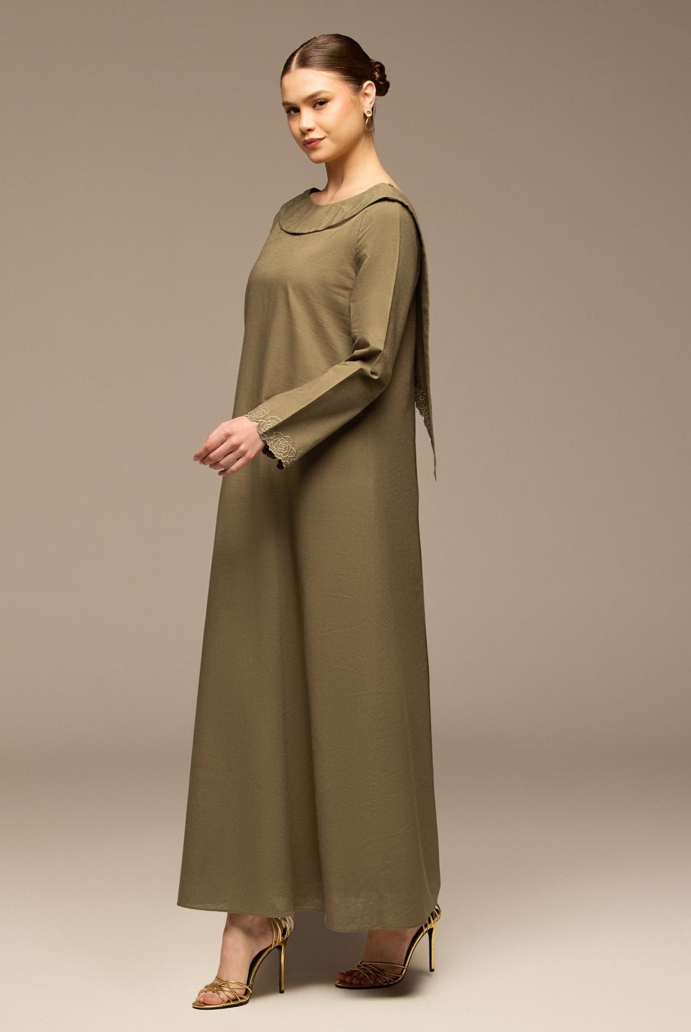 Olive Folded - Neck Linen Maxi Dress - shopaleena