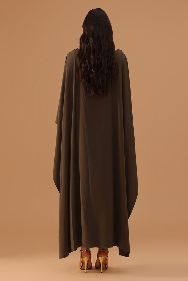 Olive Green Crepe Kaftan with Round Wide Neck - shopaleena