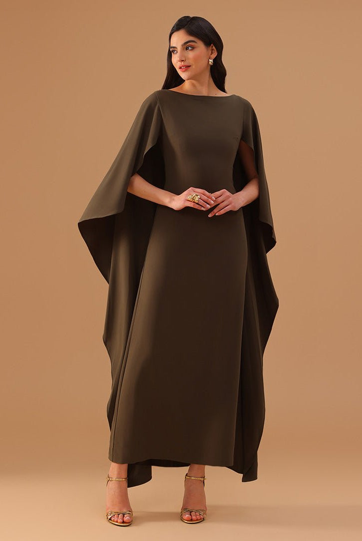 Olive Green Crepe Kaftan with Round Wide Neck - shopaleena