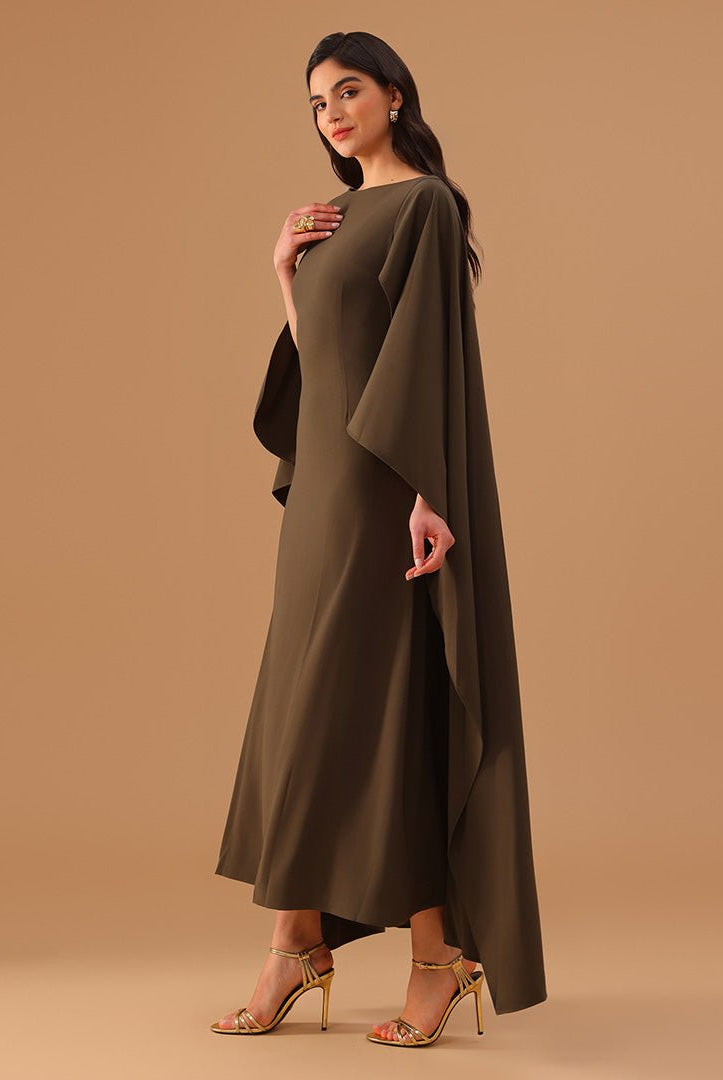 Olive Green Crepe Kaftan with Round Wide Neck - shopaleena