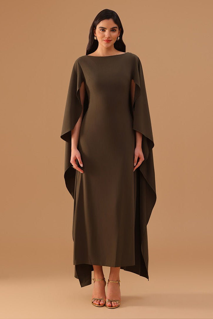 Olive Green Crepe Kaftan with Round Wide Neck - shopaleena