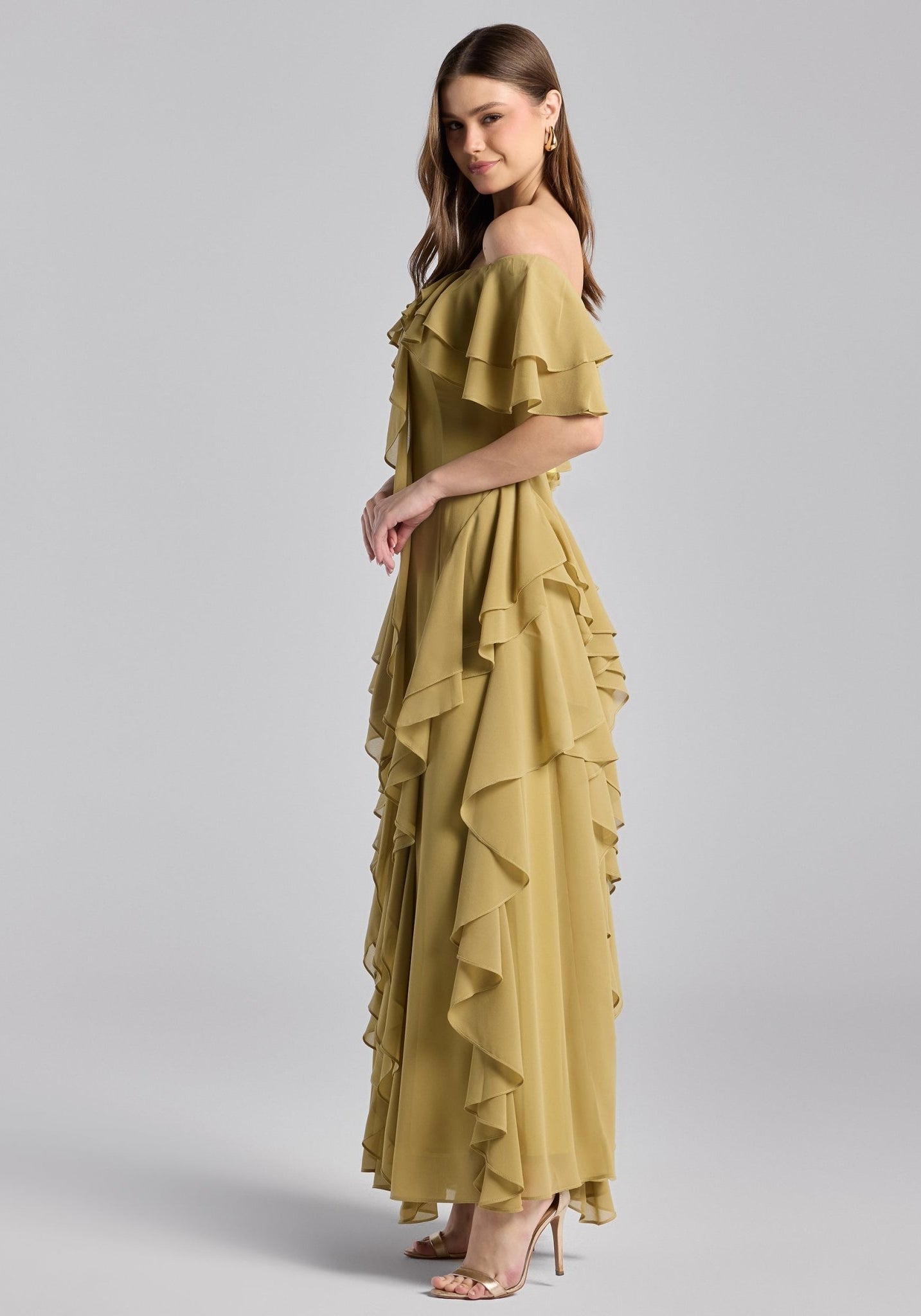 Olive Green Off Shoulder Velvet Maxi Dress With Ruffles - shopaleena