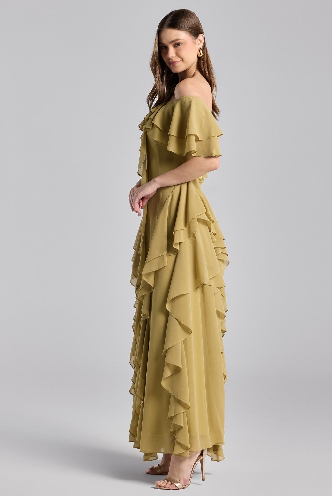 Olive Green Off Shoulder Velvet Maxi Dress With Ruffles - shopaleena
