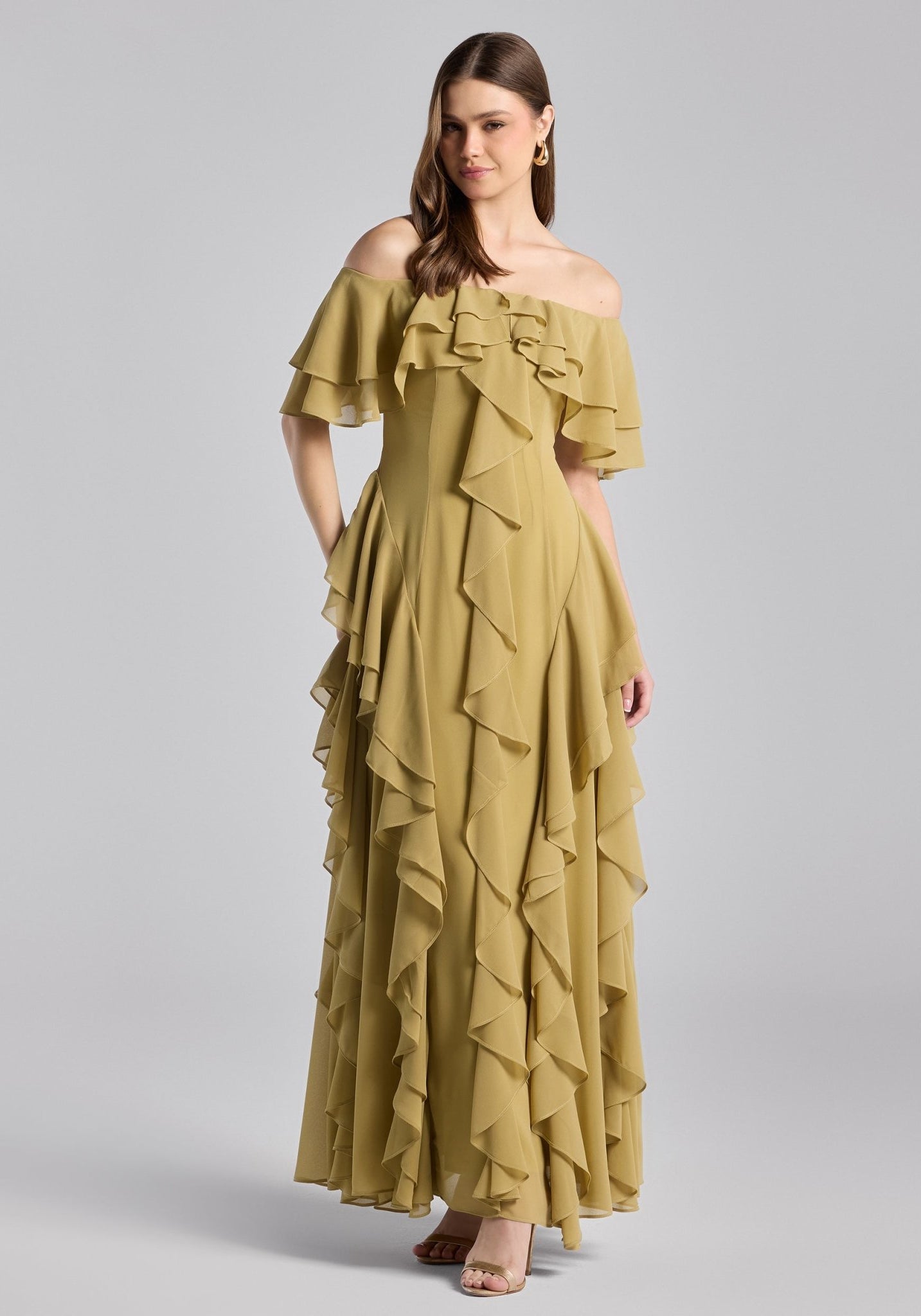 Olive Green Off Shoulder Velvet Maxi Dress With Ruffles - shopaleena