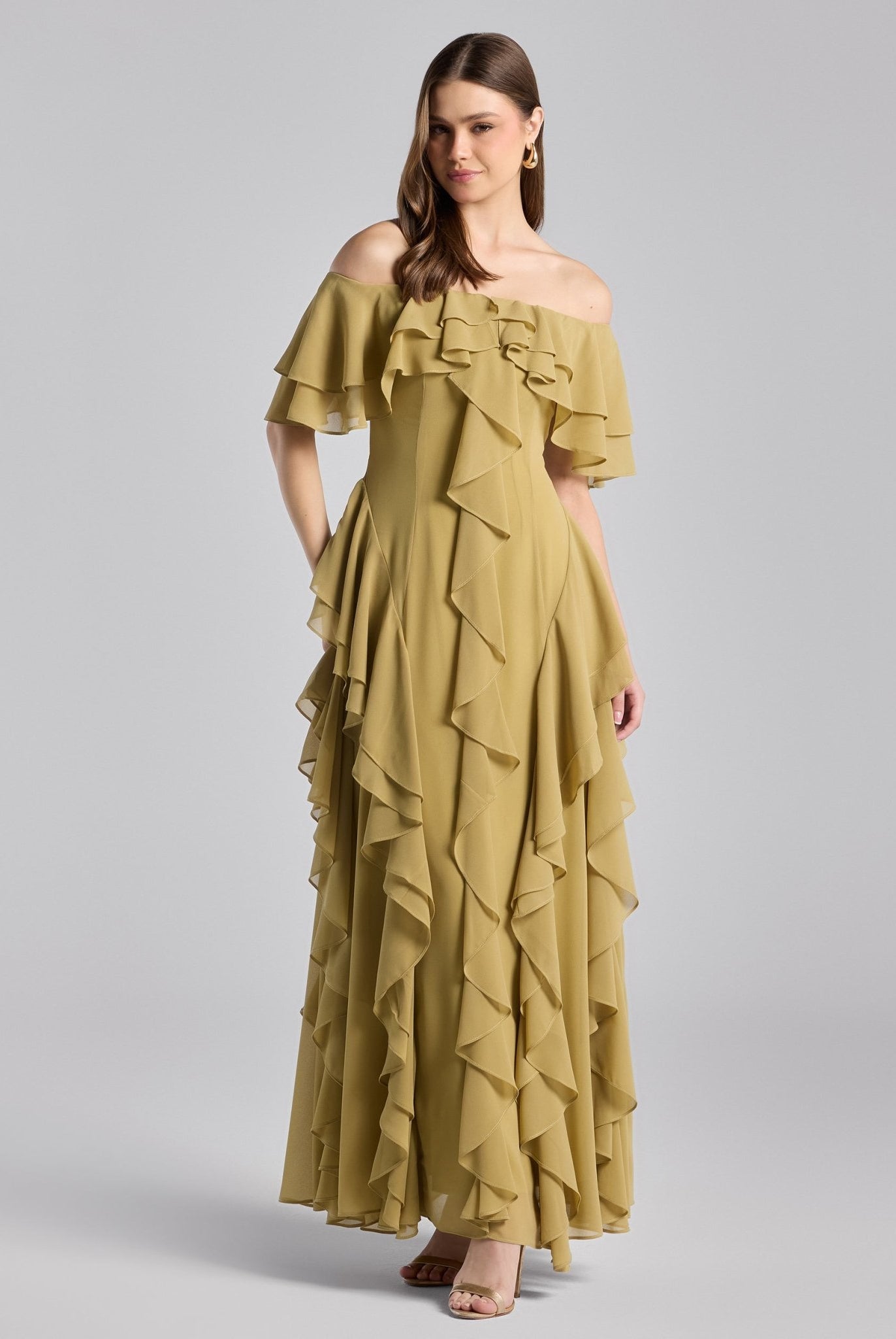 Olive Green Off Shoulder Velvet Maxi Dress With Ruffles - shopaleena