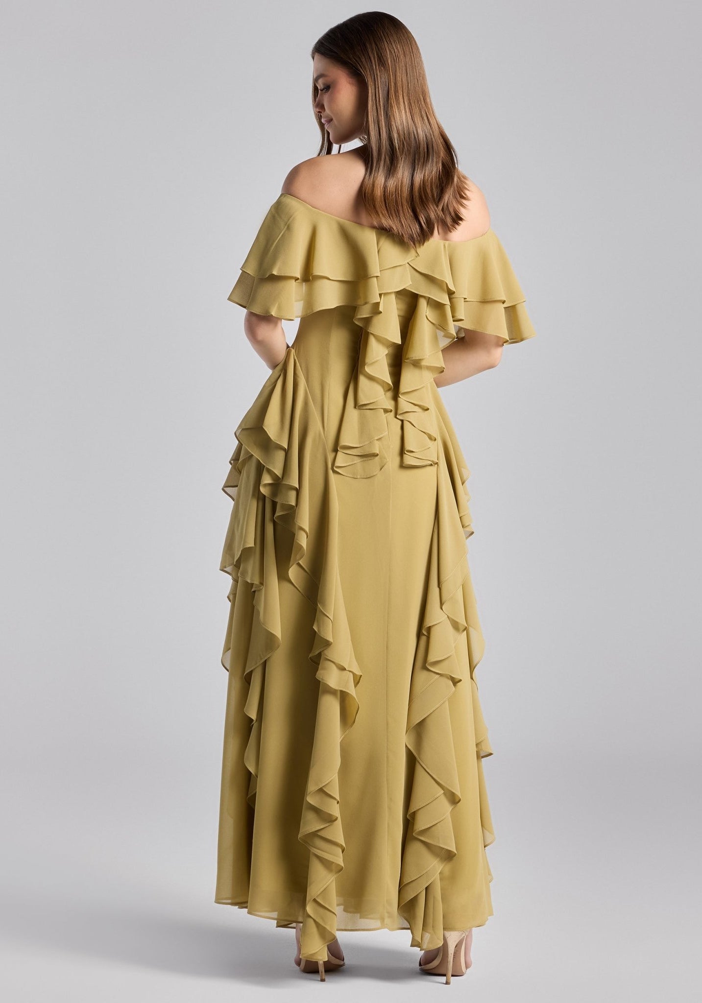 Olive Green Off Shoulder Velvet Maxi Dress With Ruffles - shopaleena