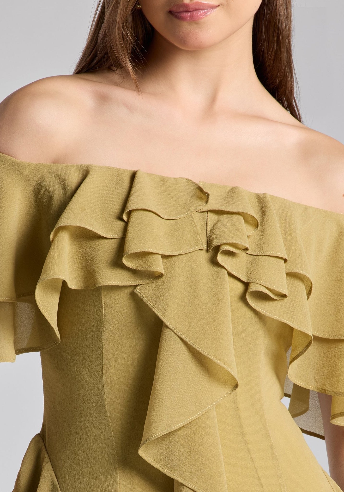 Olive Green Off Shoulder Velvet Maxi Dress With Ruffles - shopaleena