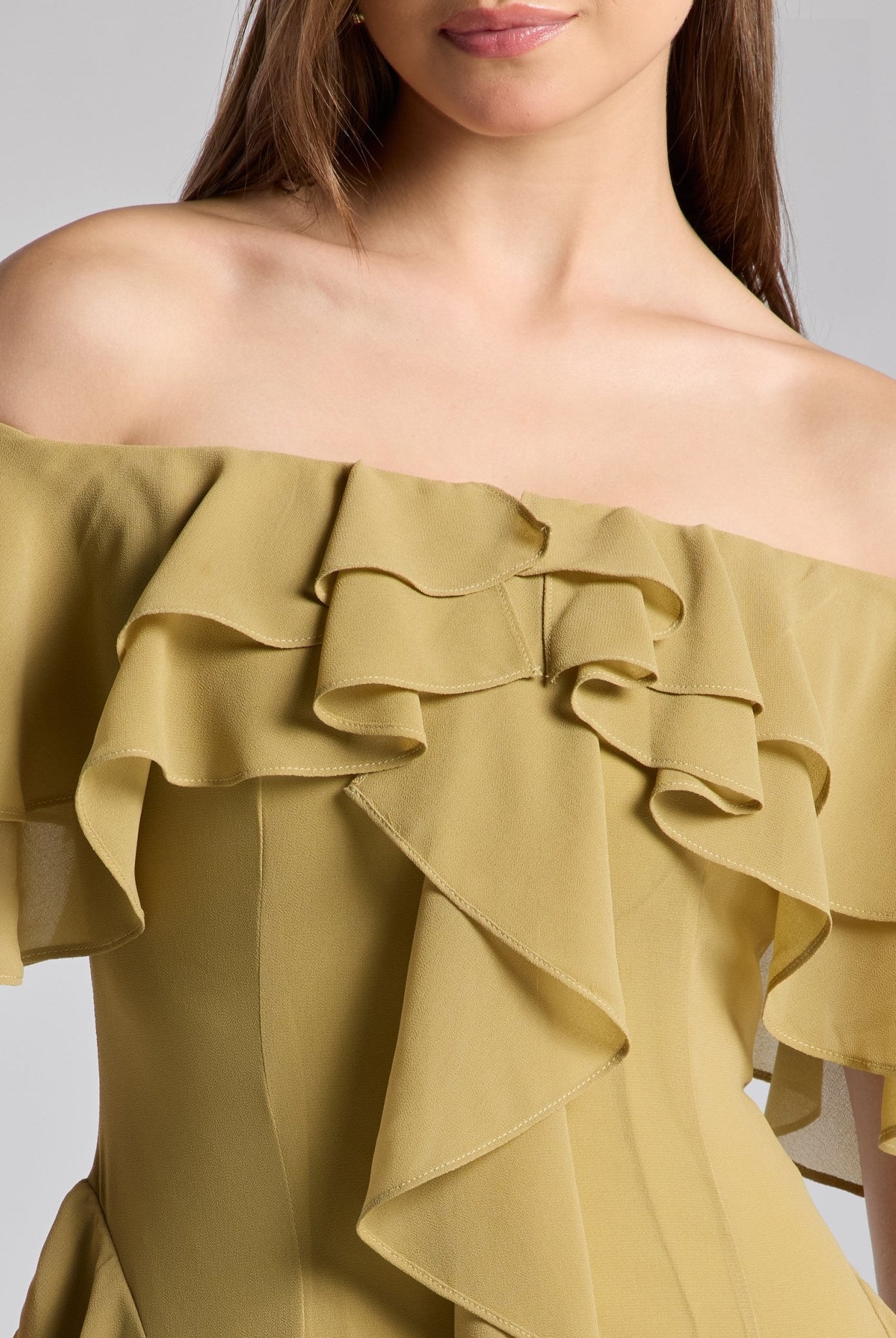 Olive Green Off Shoulder Velvet Maxi Dress With Ruffles - shopaleena