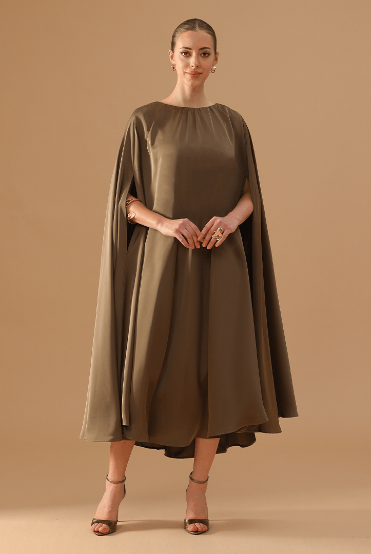 Olive Green Satin Pleated Cap Cut Kaftan - shopaleena