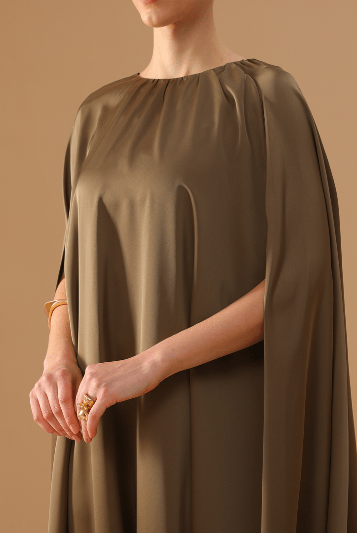 Olive Green Satin Pleated Cap Cut Kaftan - shopaleena