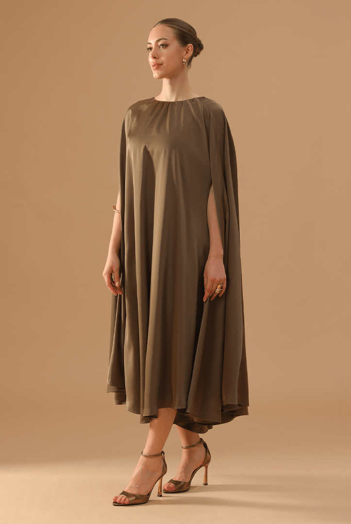 Olive Green Satin Pleated Cap Cut Kaftan - shopaleena