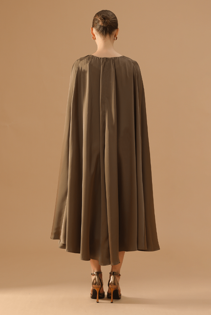 Olive Green Satin Pleated Cap Cut Kaftan - shopaleena