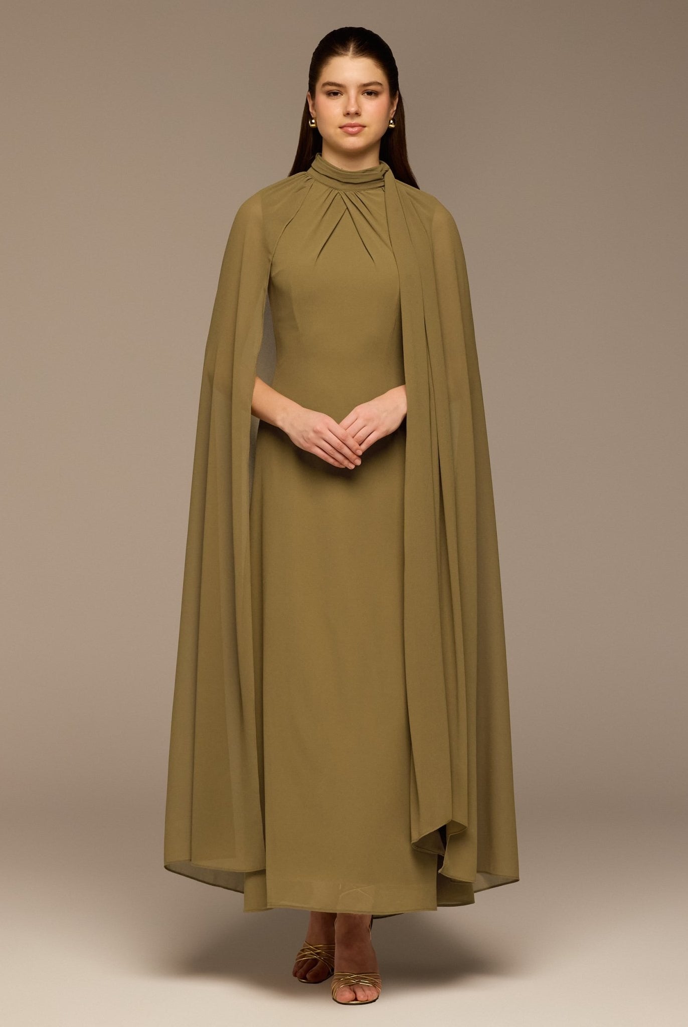Olive High Neck Chiffon Maxi Dress - shopaleena