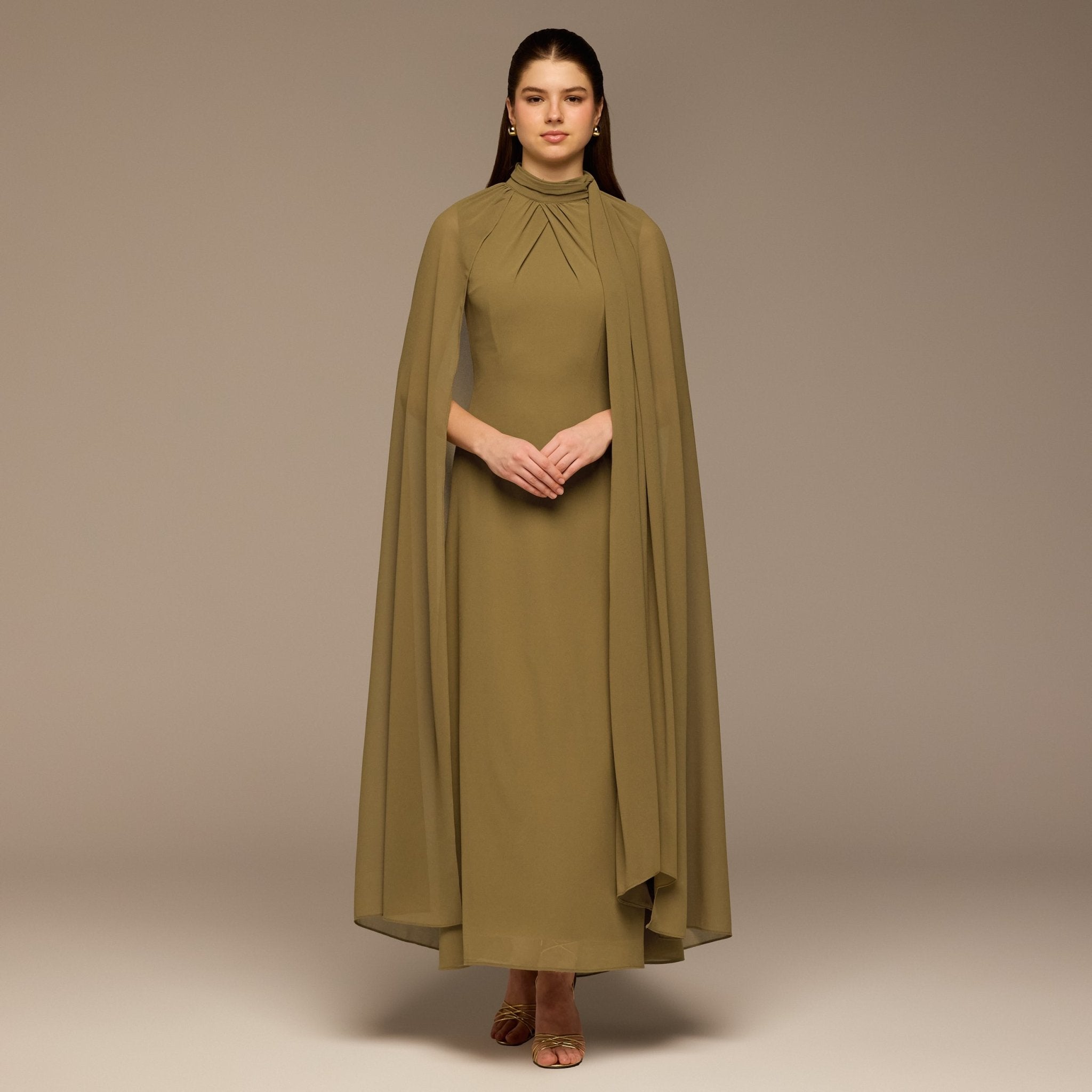 Olive High Neck Chiffon Maxi Dress - shopaleena