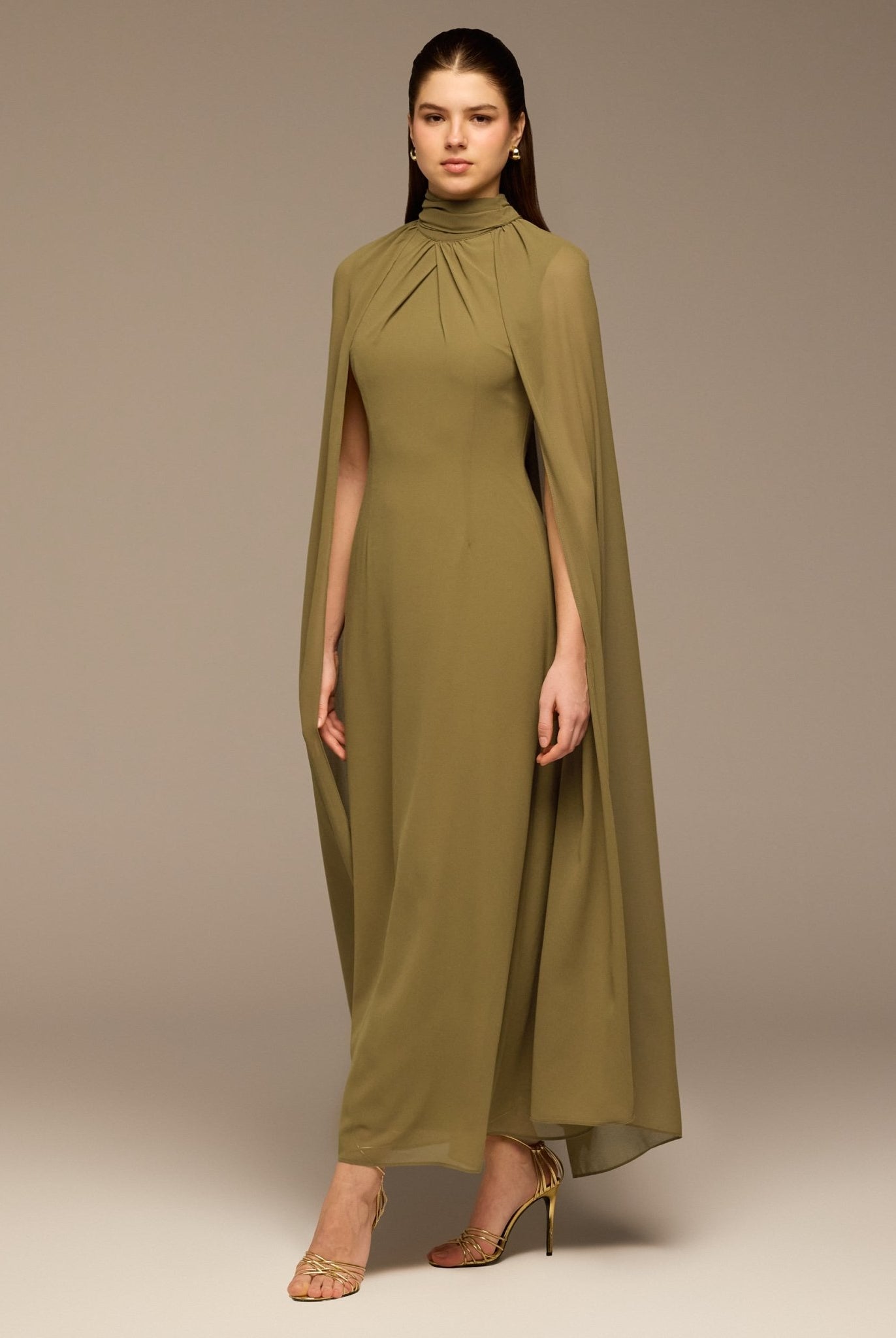 Olive High Neck Chiffon Maxi Dress - shopaleena