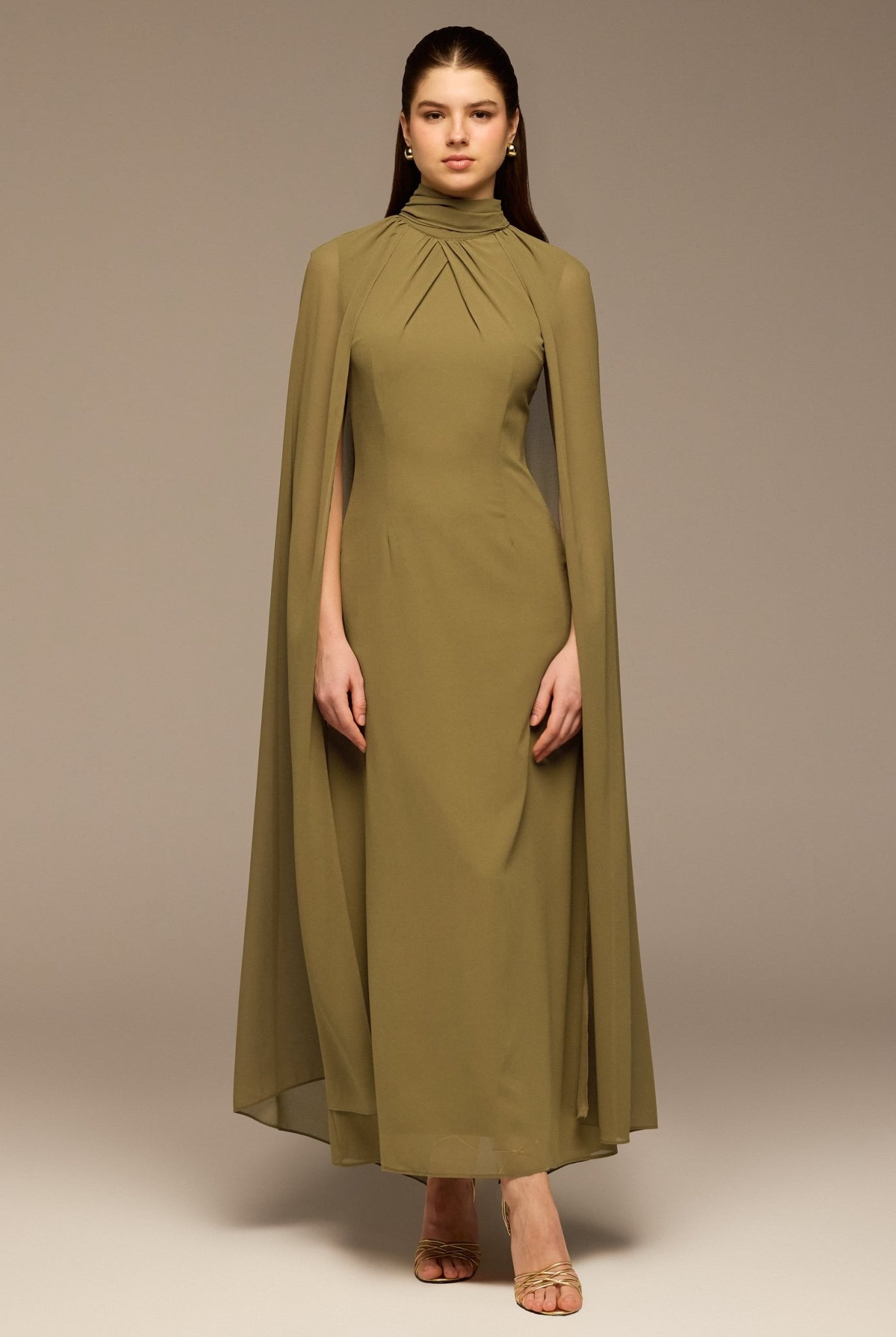 Olive High Neck Chiffon Maxi Dress - shopaleena
