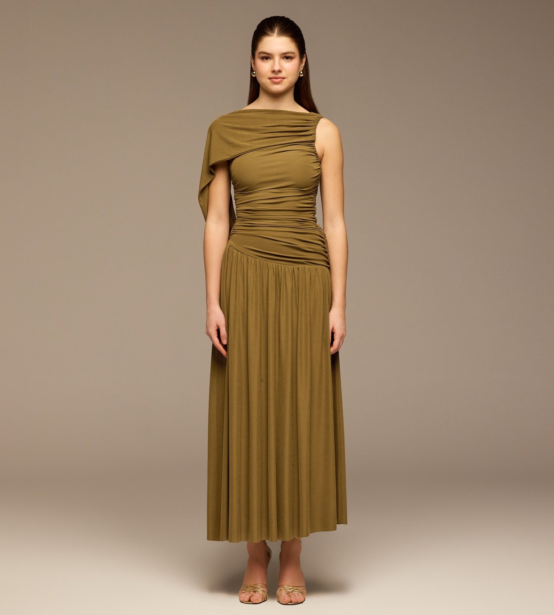 Olive Ruched Jersey Maxi Dress - shopaleena