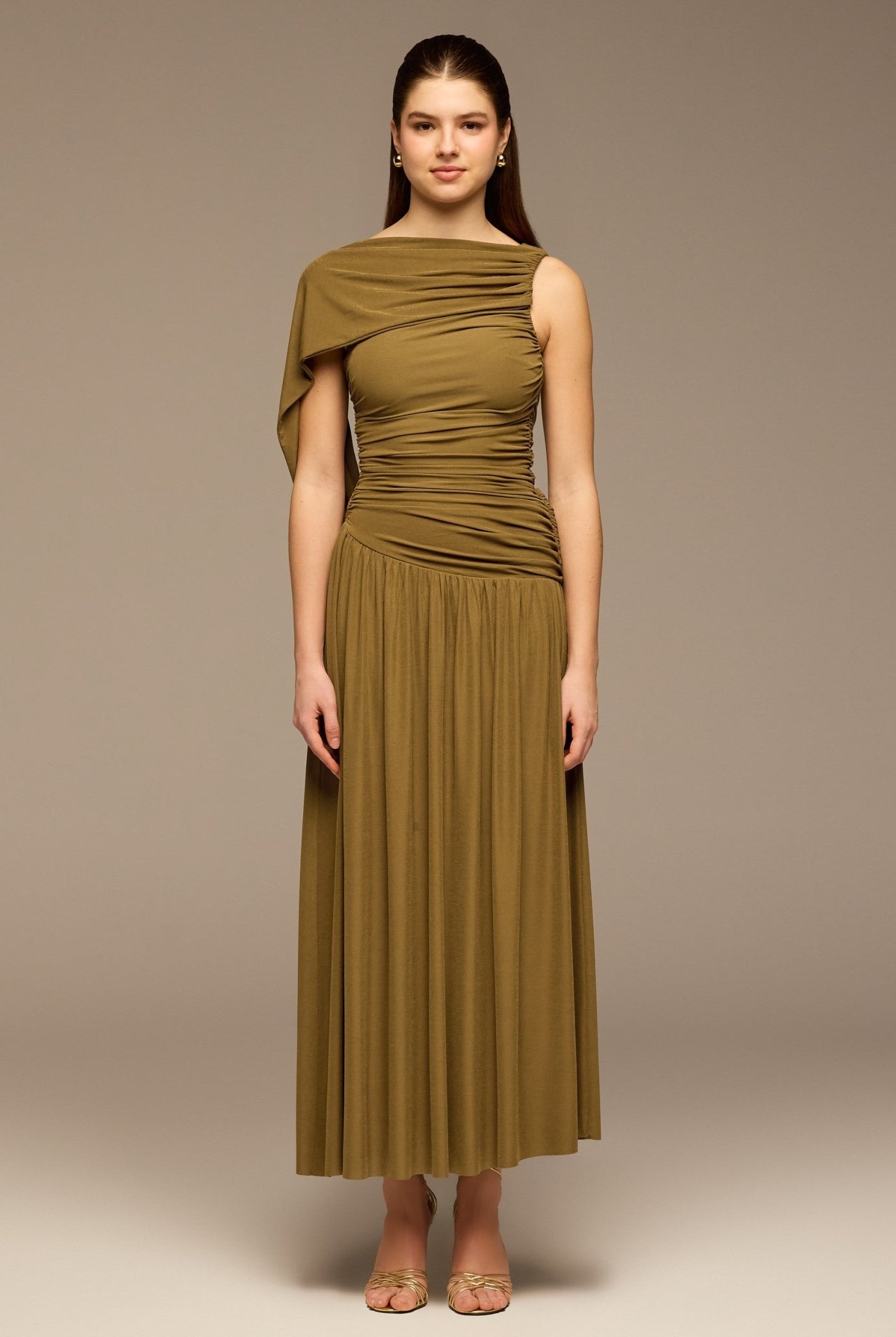 Olive Ruched Jersey Maxi Dress - shopaleena