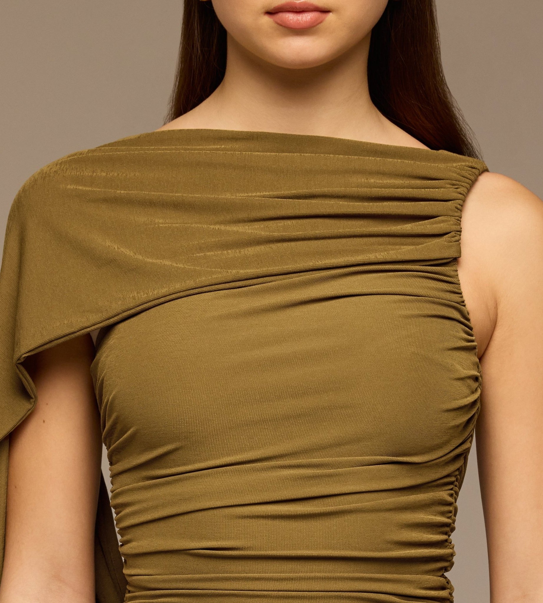 Olive Ruched Jersey Maxi Dress - shopaleena