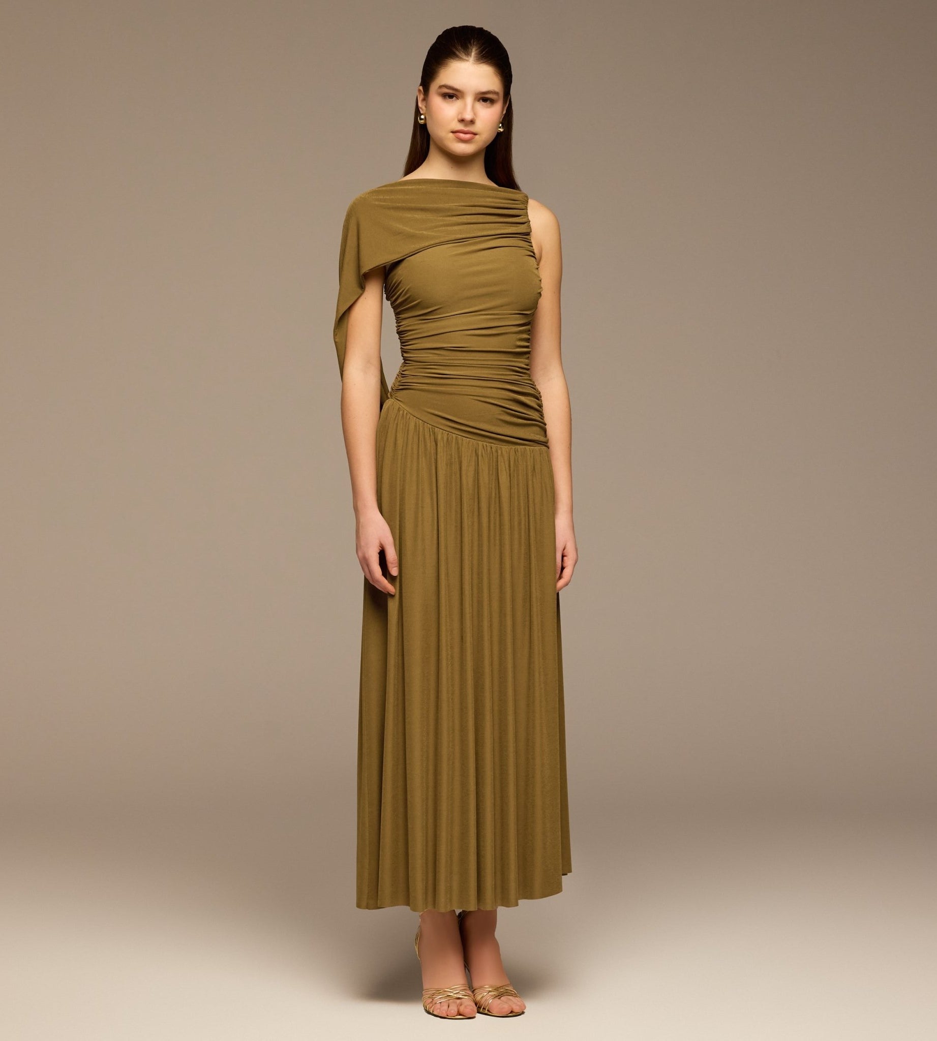 Olive Ruched Jersey Maxi Dress - shopaleena