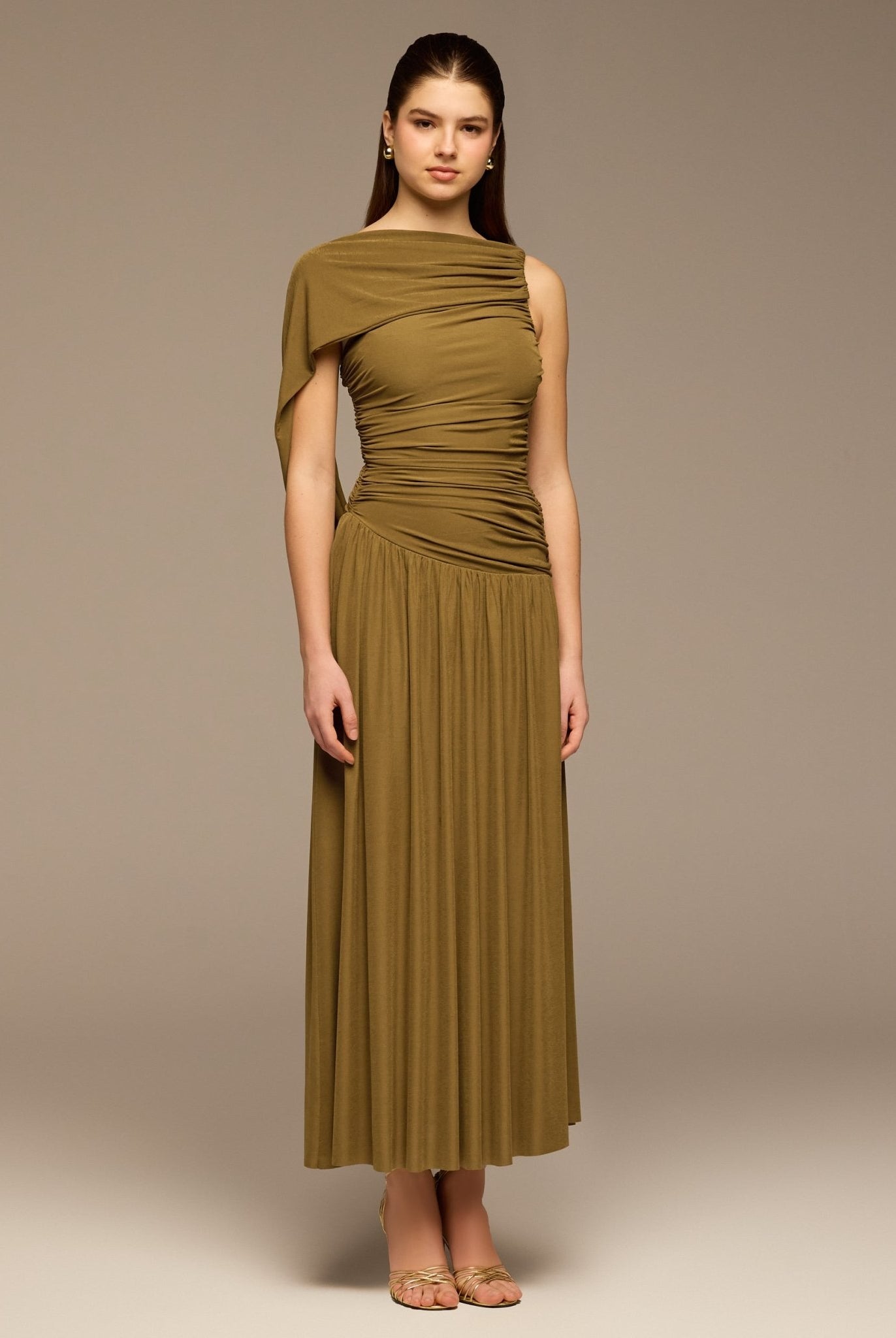 Olive Ruched Jersey Maxi Dress - shopaleena