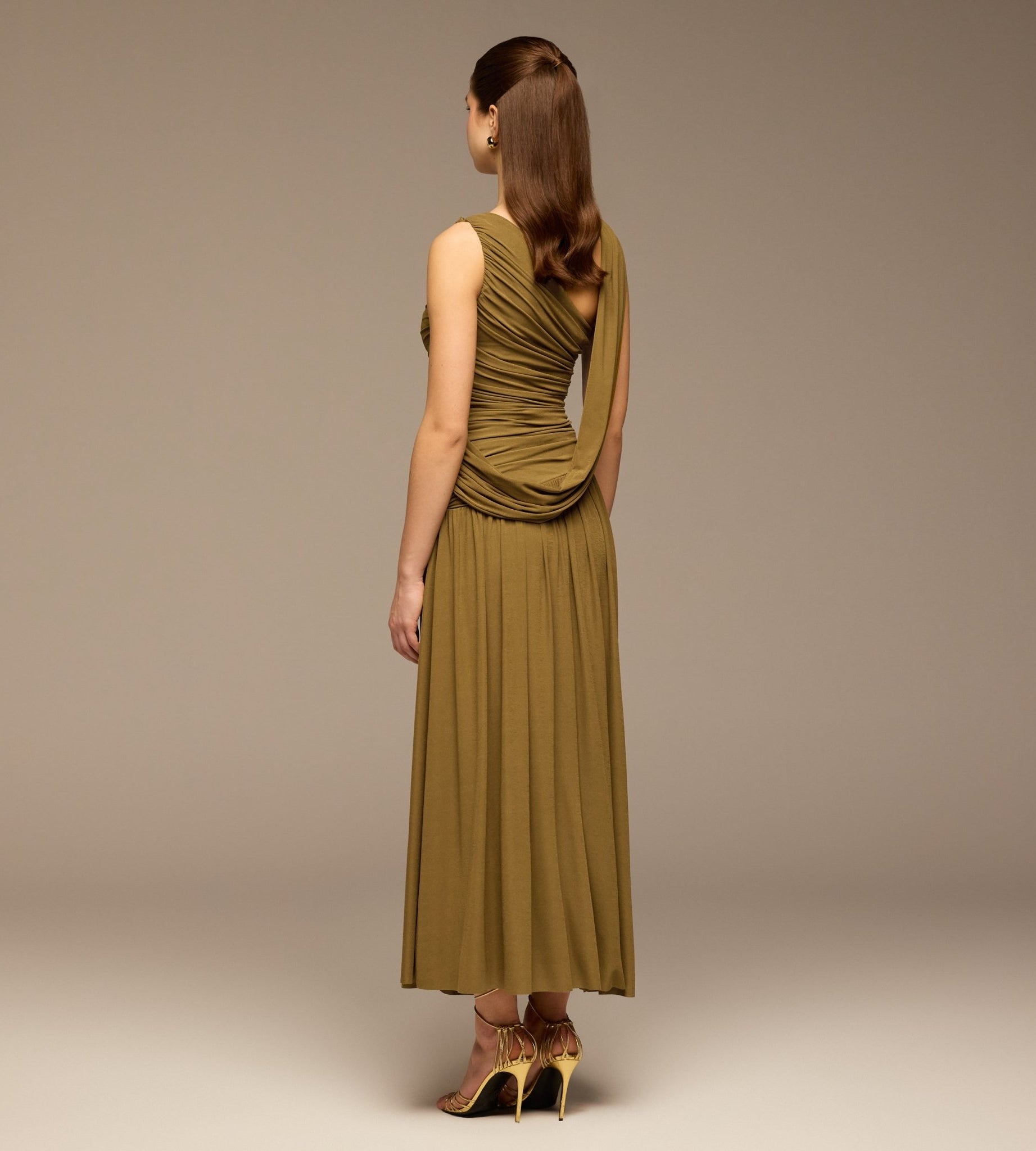 Olive Ruched Jersey Maxi Dress - shopaleena