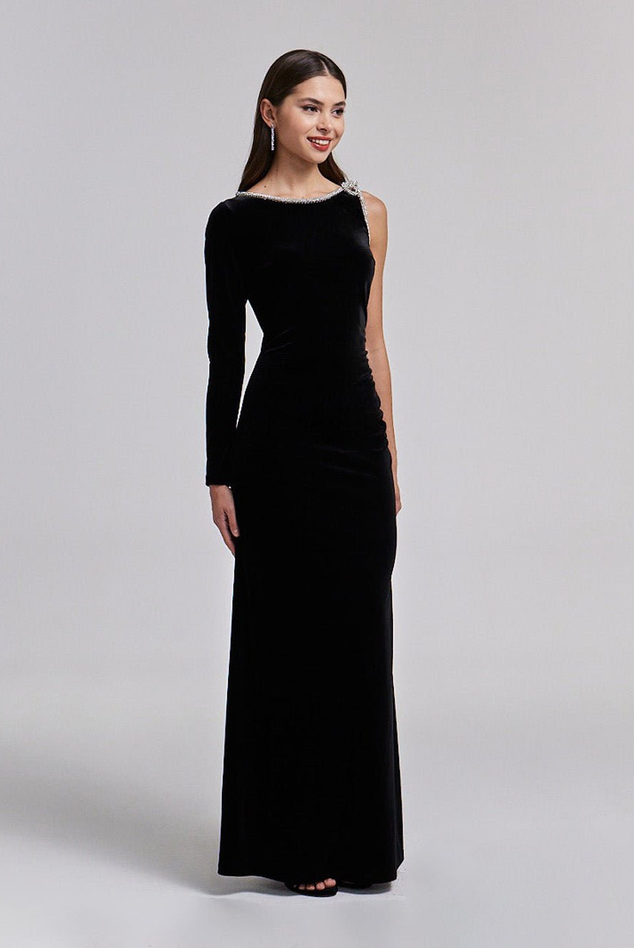 One - Shoulder Black Velvet Maxi Dress with Sparkling Shoulder Detail - shopaleena