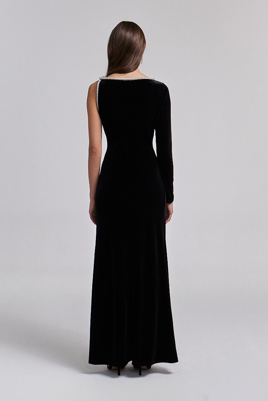 One - Shoulder Black Velvet Maxi Dress with Sparkling Shoulder Detail - shopaleena